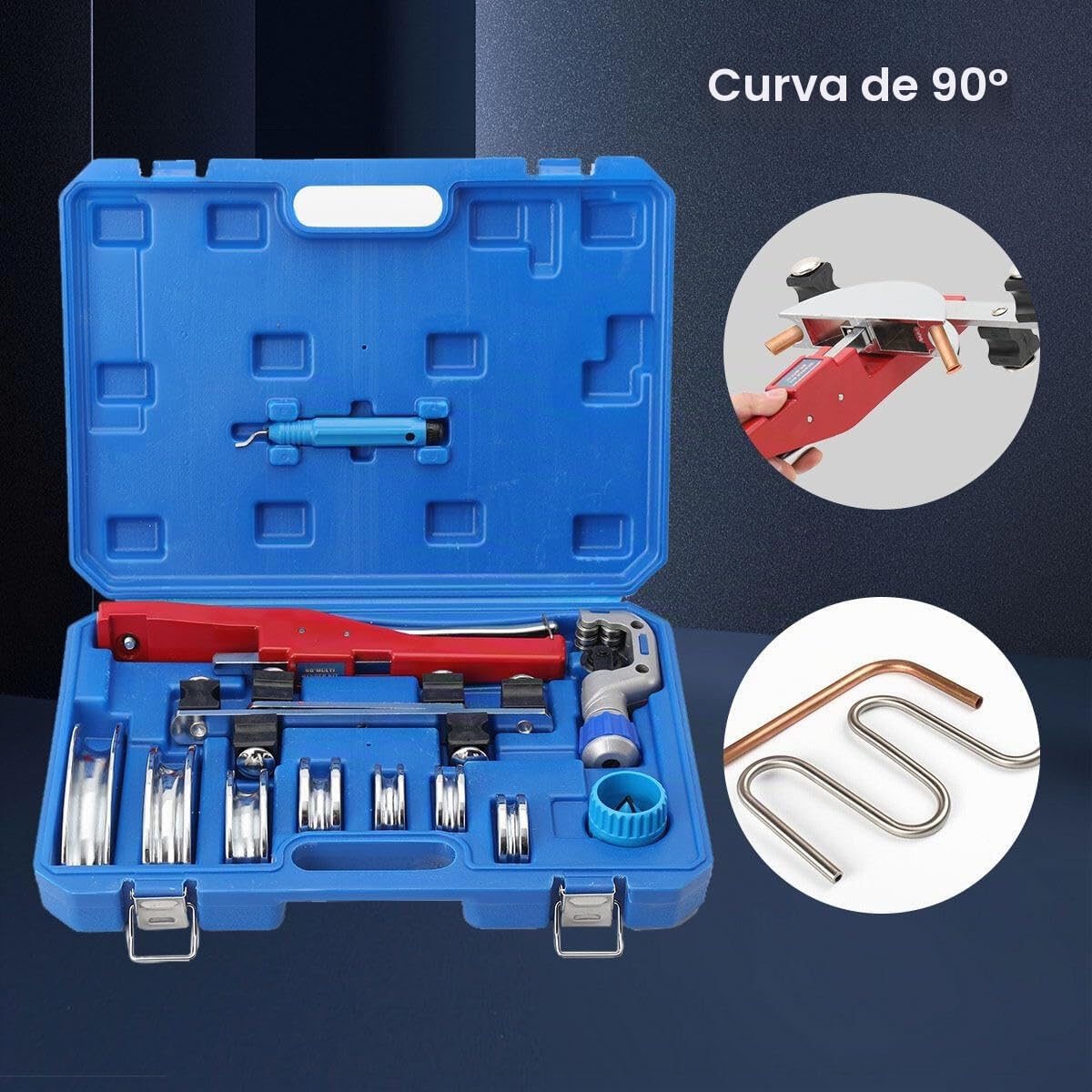 Dobladora de Tubos Manual de 6-22 mm, Curvadora de Mano para Tubos con 7 Matrices, Rango de Doblado 0-90° con Cortatubos y Escariador de Rebabas, para Tubos Finos de Acero, Cobre, Aluminio
