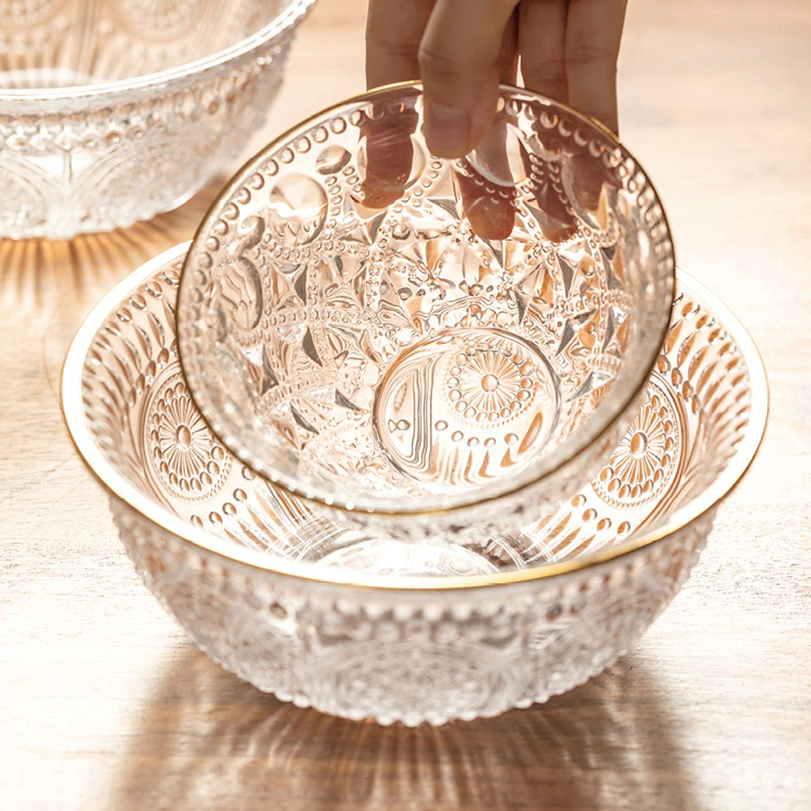 PTTRNS Salatschüssel Geprägte Glasschale 2-teilig Set 35 Unzen Große Dessertschüssel Salatschüssel Stapelbare Multifunktionale Küchenschüssel Getreide Pasta Schüssel Set Servierschale