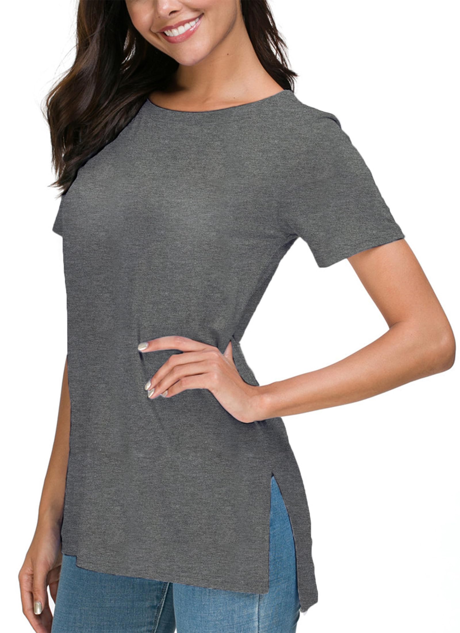 Herou Summer Women Casual Short Sleeve Tops T-Shirts Tees with Side Split