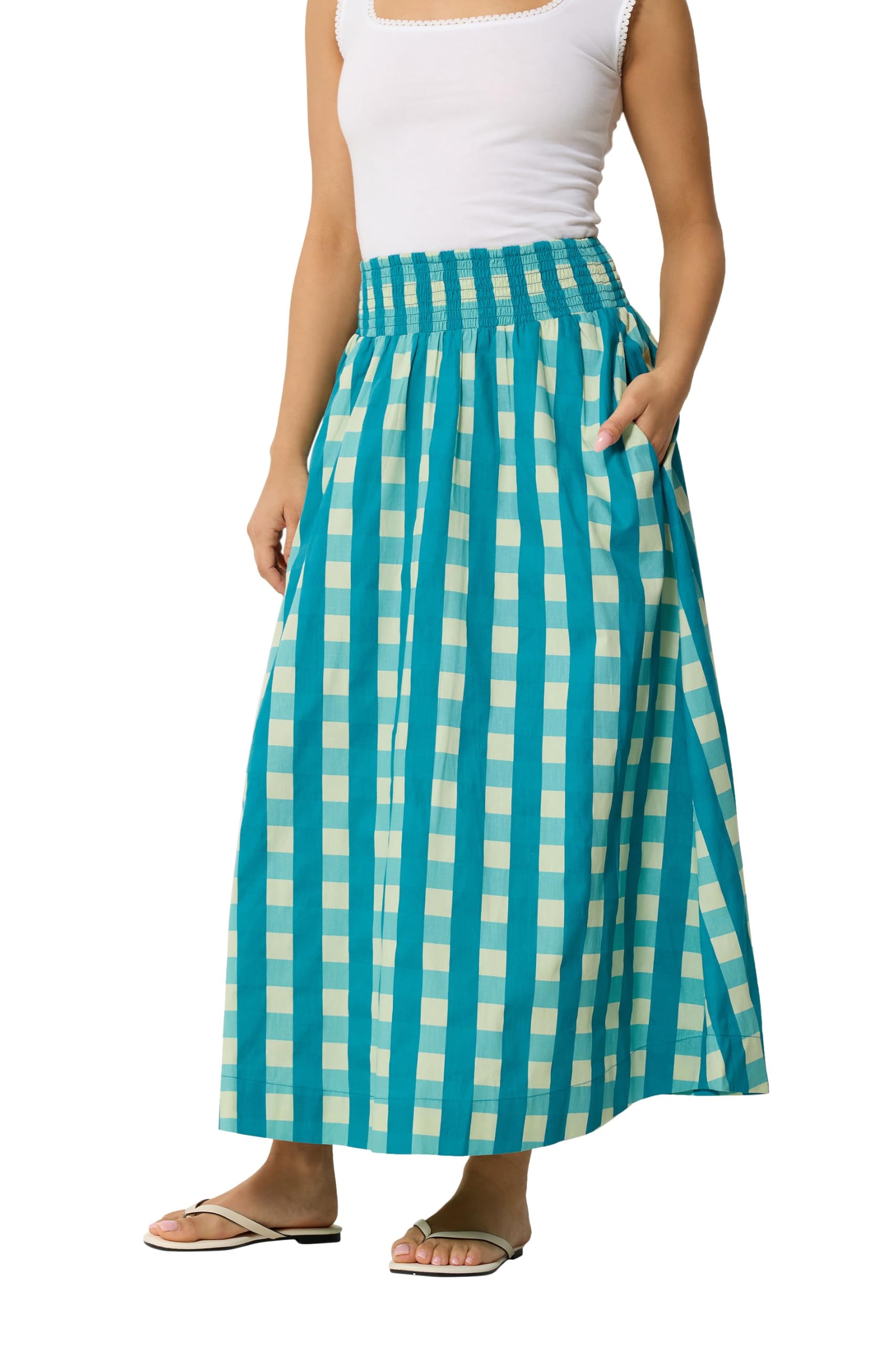 Pixiegirl Women's Turquoise Petite Teal Green Check Cotton Shirred Midi Skirt Petite