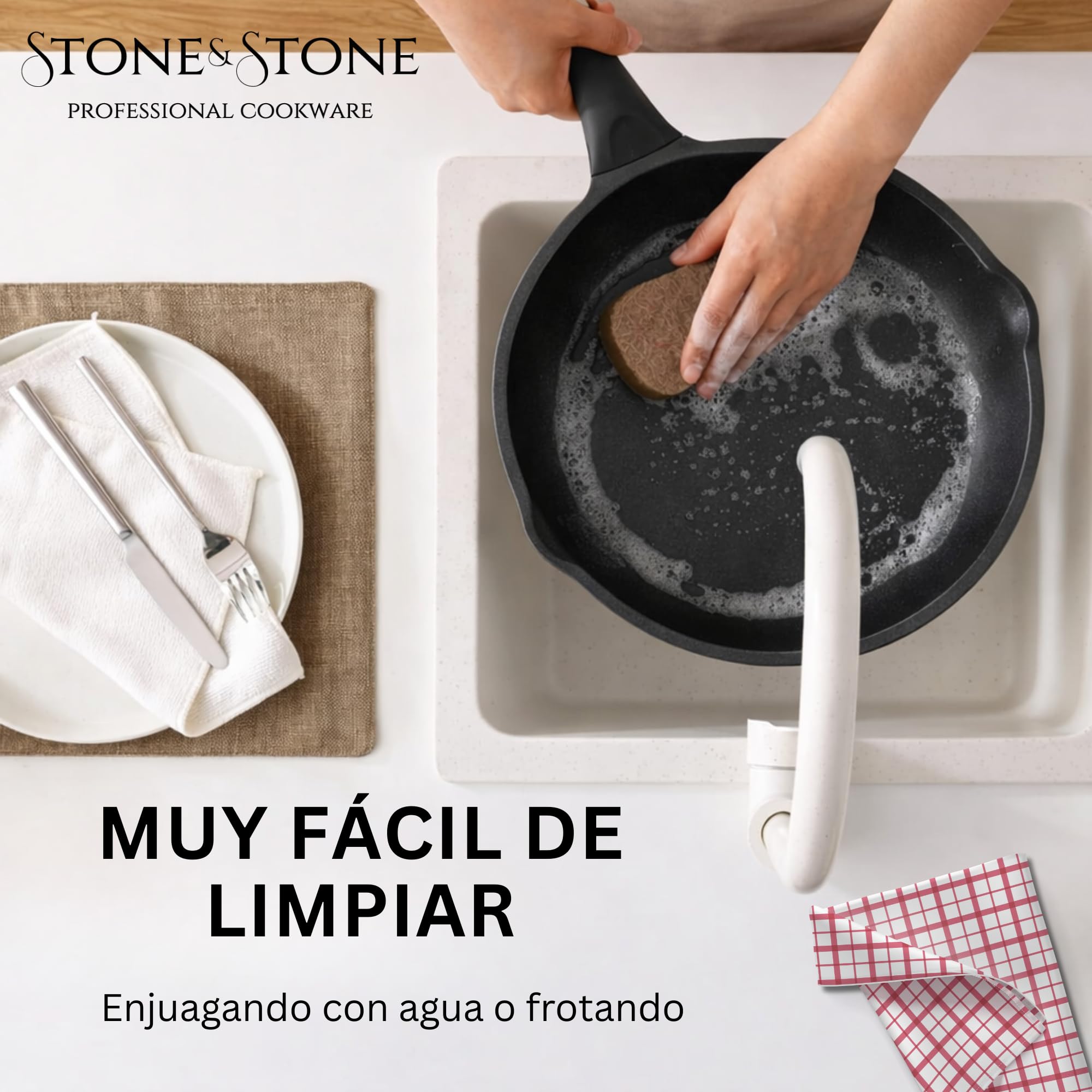Stone&Stone Juego de Sartenes Inducción 20/24/28/32 cm, Set 4 Sartenes Antiadherentes con Revestimiento Cerámico Alemán, Para Inducción y Gas, Sin PFAS, PFOA ni PTFE, con Tapas y Utensilios