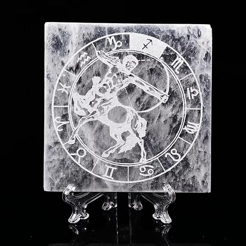 AMOYSTONE Placa de carga de cristal de selenita para piedra de cristal curativo, piezas de selenita, losa cuadrada grabada Sagitario de 4 pulgadas