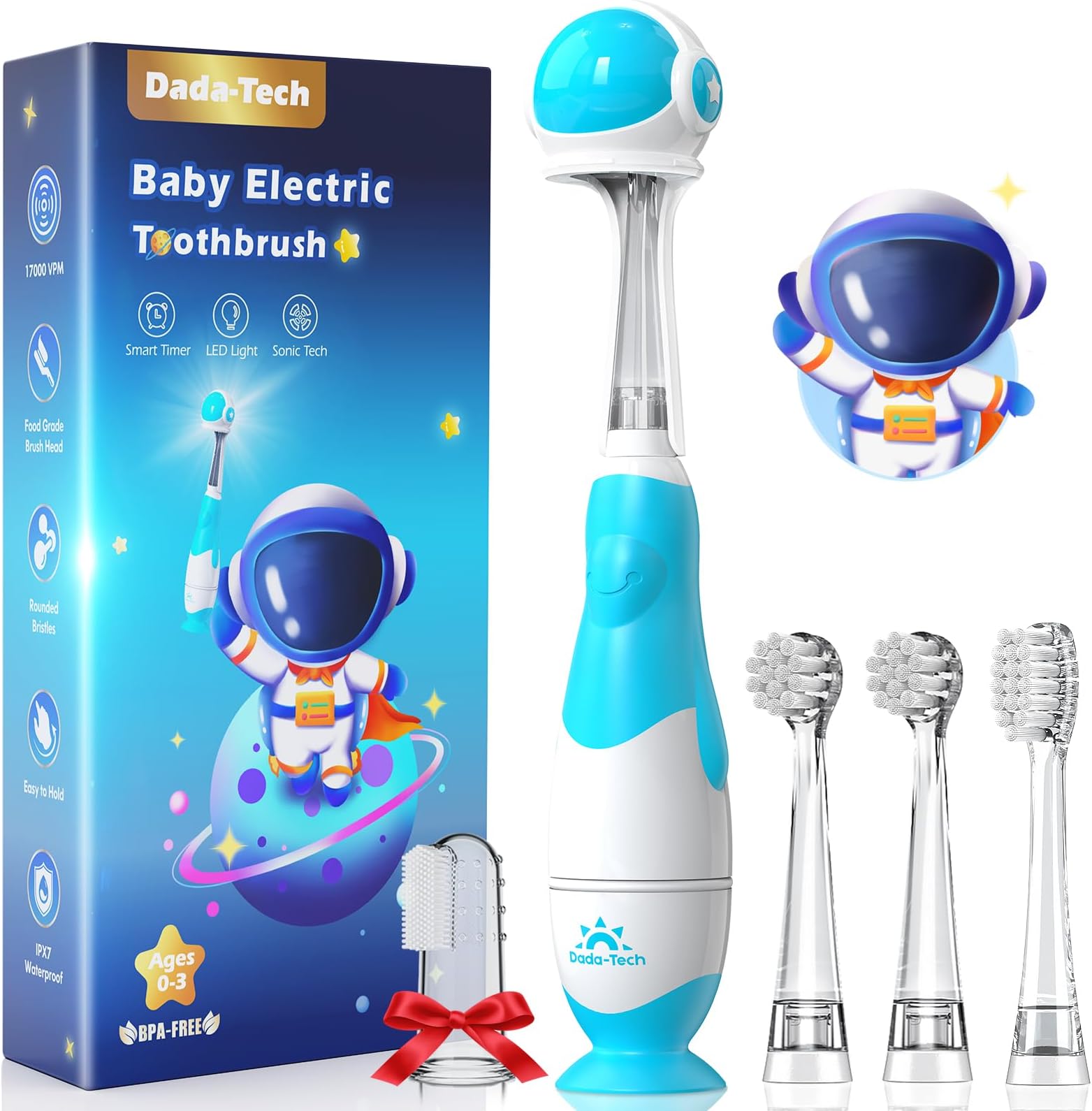 Baby Toothbrush Electric Toddler & Kids Electric Toothbrush 0-2-3 Years Old with Infant Finger Tooth Brush, Cute Cover, LED Light, 2 Minutes Timer, 4 Brush Heads, Suction Cup (Blue Astronaut)