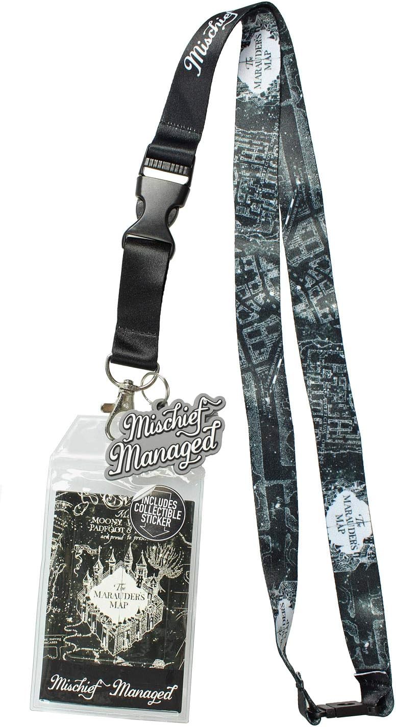 Harry Potter Mischief Managed Marauders Map ID Lanyard Badge Holder with 2" Rubber Charm Pendant and Collectible Sticker