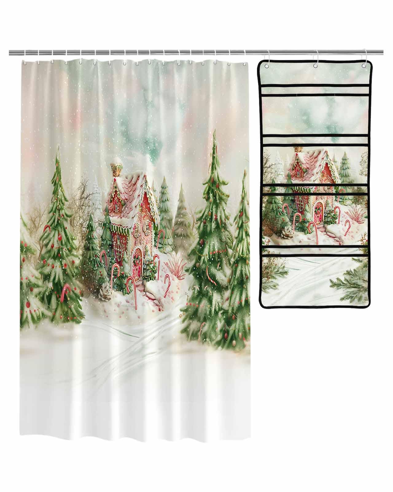 ZFUNCING Shower Curtain Mesh Shower Organizer Set Winter Candy House Christmas Tree Waterproof Bath Curtains Hanging Shower Caddy