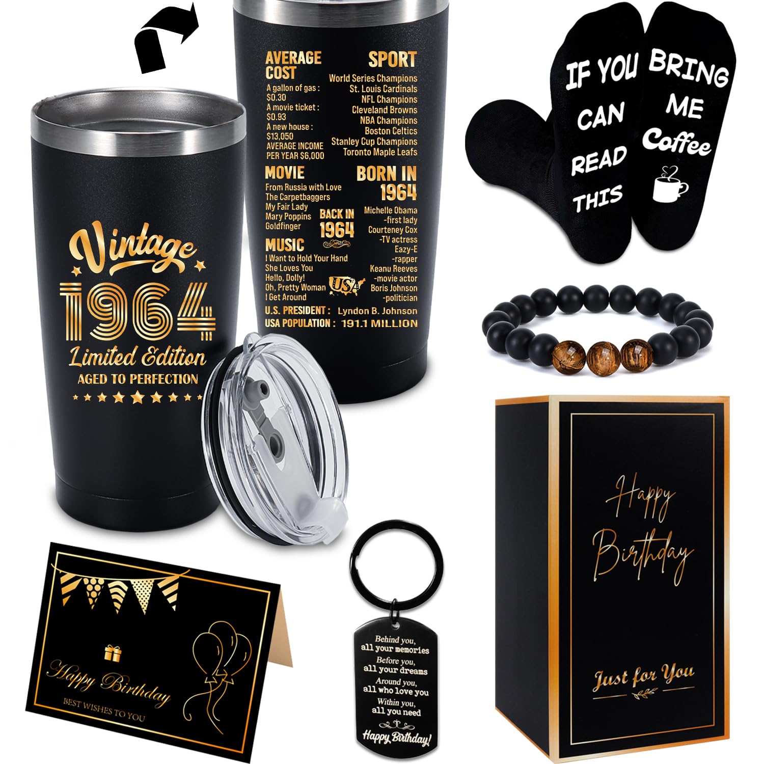 60th Birthday Gifts for Men Women, 1964 Birthday Gifts Set for Him Her, 60 Year Old Birthday Gift Ideas for Papa, Gifts for 60th Birthday Men, Back In 1964 Tumbler+ Socks