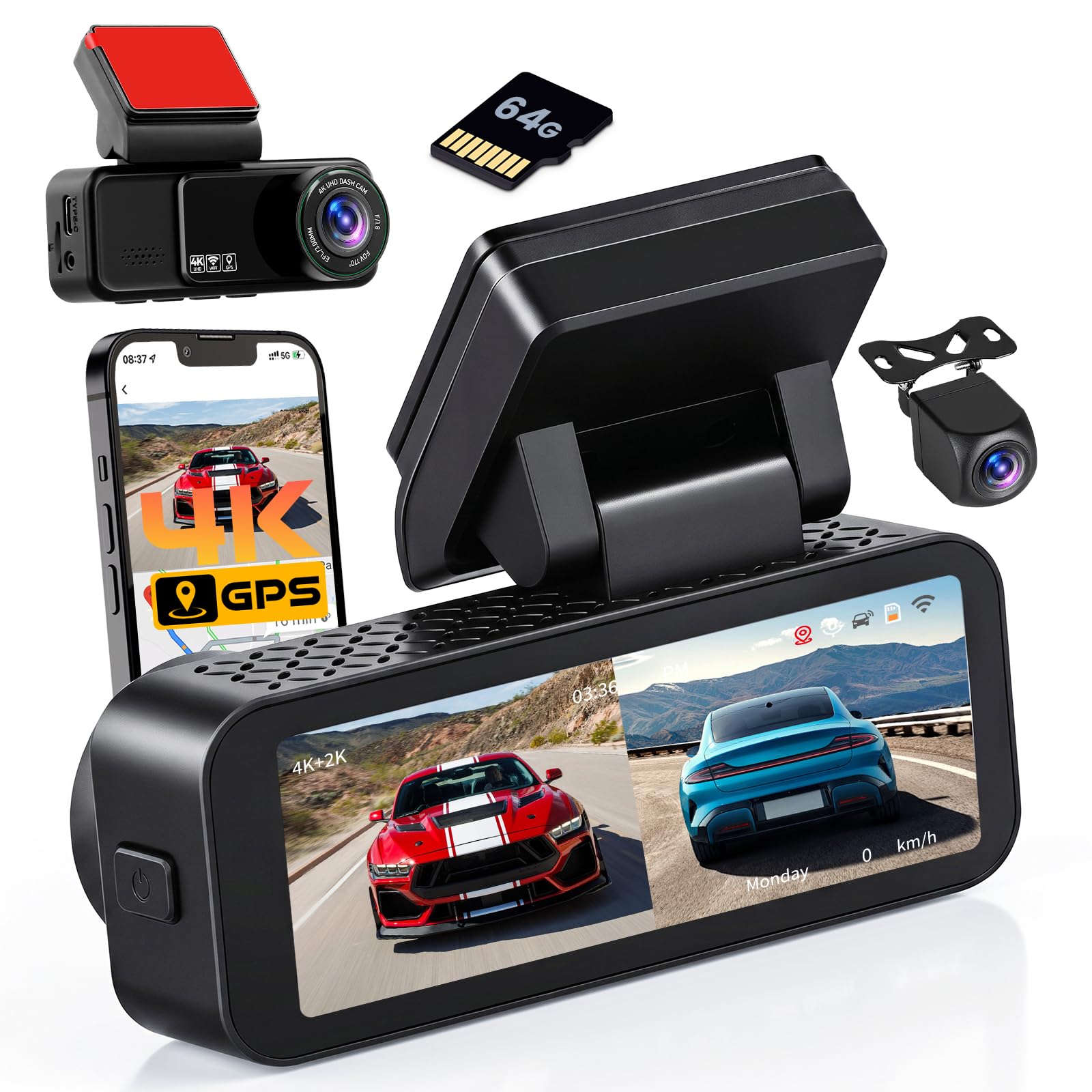 Hikity Doppia Dashcam Auto 4K+2K UHD con Scheda SD 64GB | Touchscreen da 3.16", Angolo Ampio di 150°, G-Sensor, Visione Notturna, ADAS, Monitor di Parcheggio e Registrazione in Loop