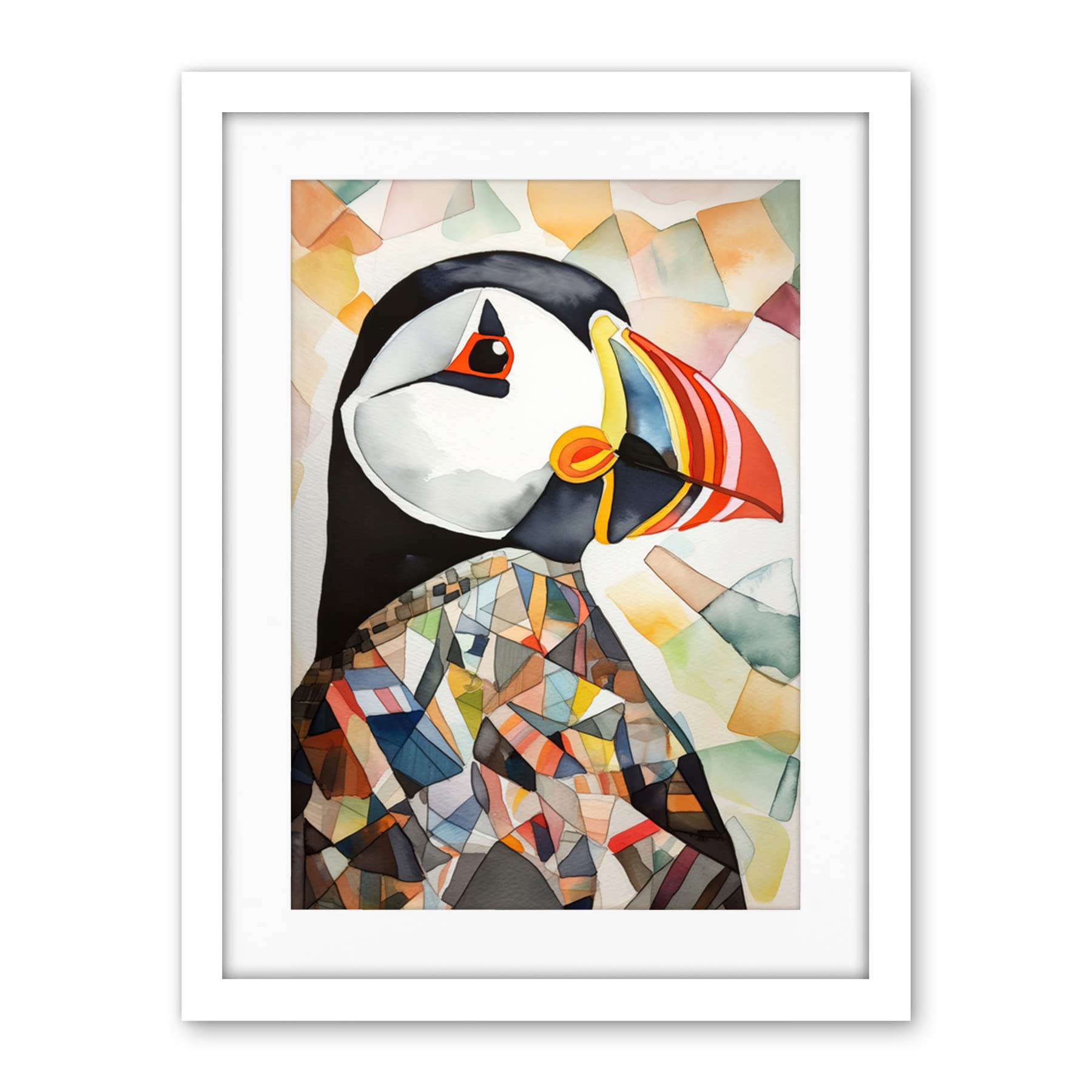 Artery8 Puffin Bird Abstract Portrait Folk Art Artwork Framed Wall Art Print 18X24 Inch