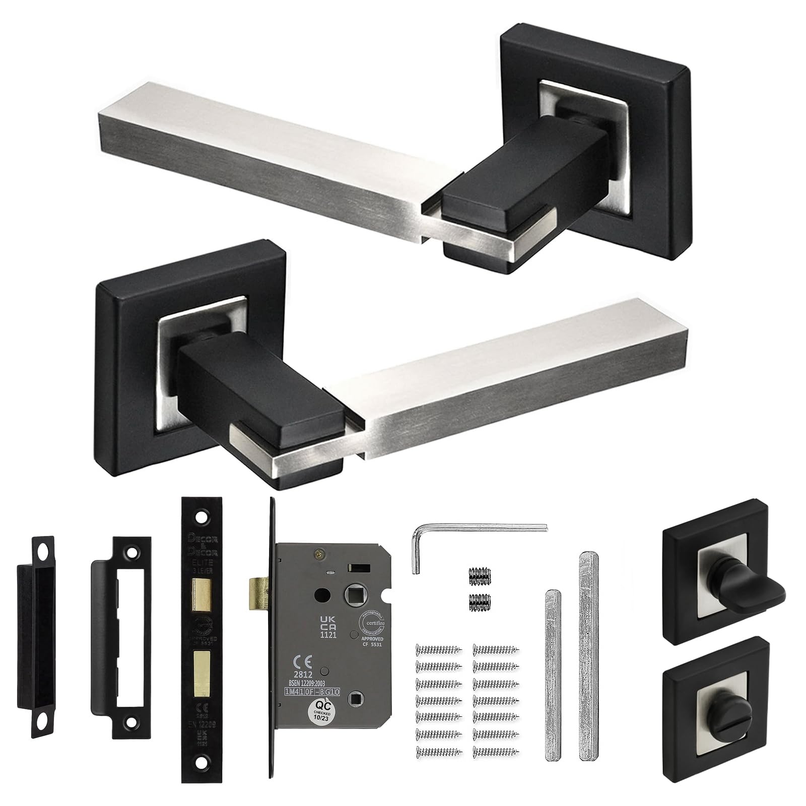 Decoranddecor Nexus Duo-Tone Silver and Black Internal Door Handle Set – Aluminium Handles with Bathroom Lock, Turn and Release Function for Modern Interior Doors and Home Spaces