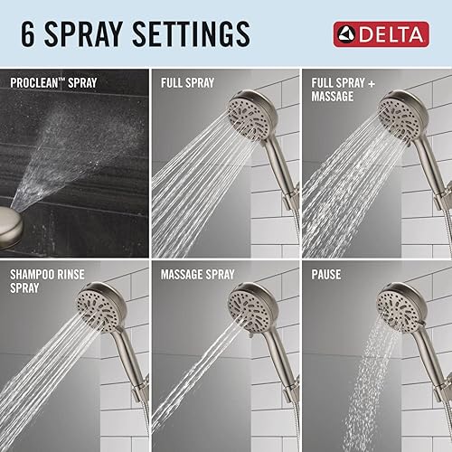 Miniatura 4 de Cabezal de ducha Delta ProClean de níquel cepillado con mano, cabezal de ducha con spray de alta presión, ducha de mano, 6 ajustes de pulverización,