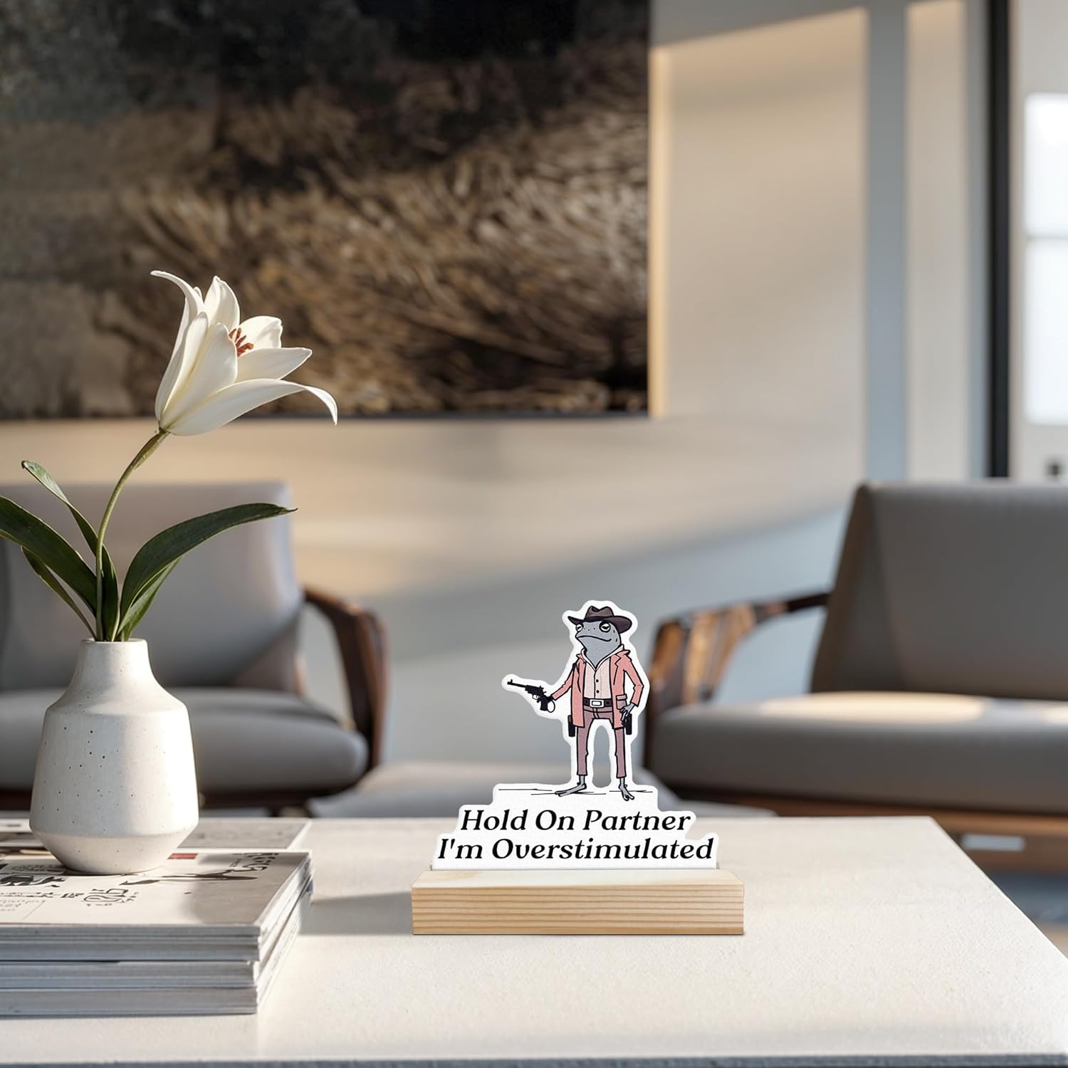 Funny Office Decor Sign, Hold on Partner I'm Overstimulated Sign Decor,Office Gifts For Women Coworkers,Cowboy Frog Wooden Plaque with Stand for Home Desk - Image 3