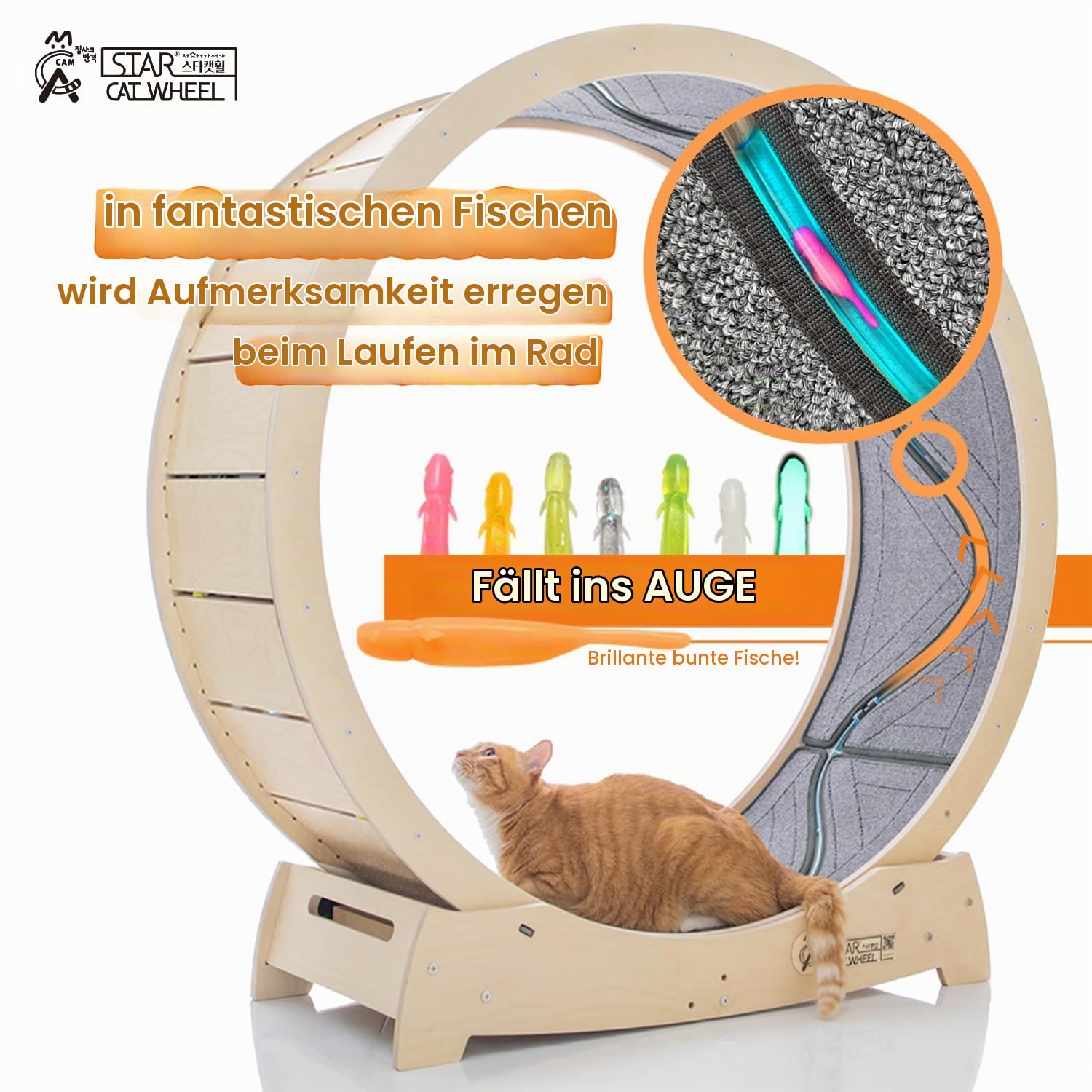 STAR CATWHEEL Laufband für Katzen, Laufrad zum Laufen, Drehen, Kratzen und Klettern für Hauskatzen, hochwertiges Birkenholz, umweltfreundlich, beweglicher Fisch, breite Laufbahn, 119,4 cm, XL-Größe