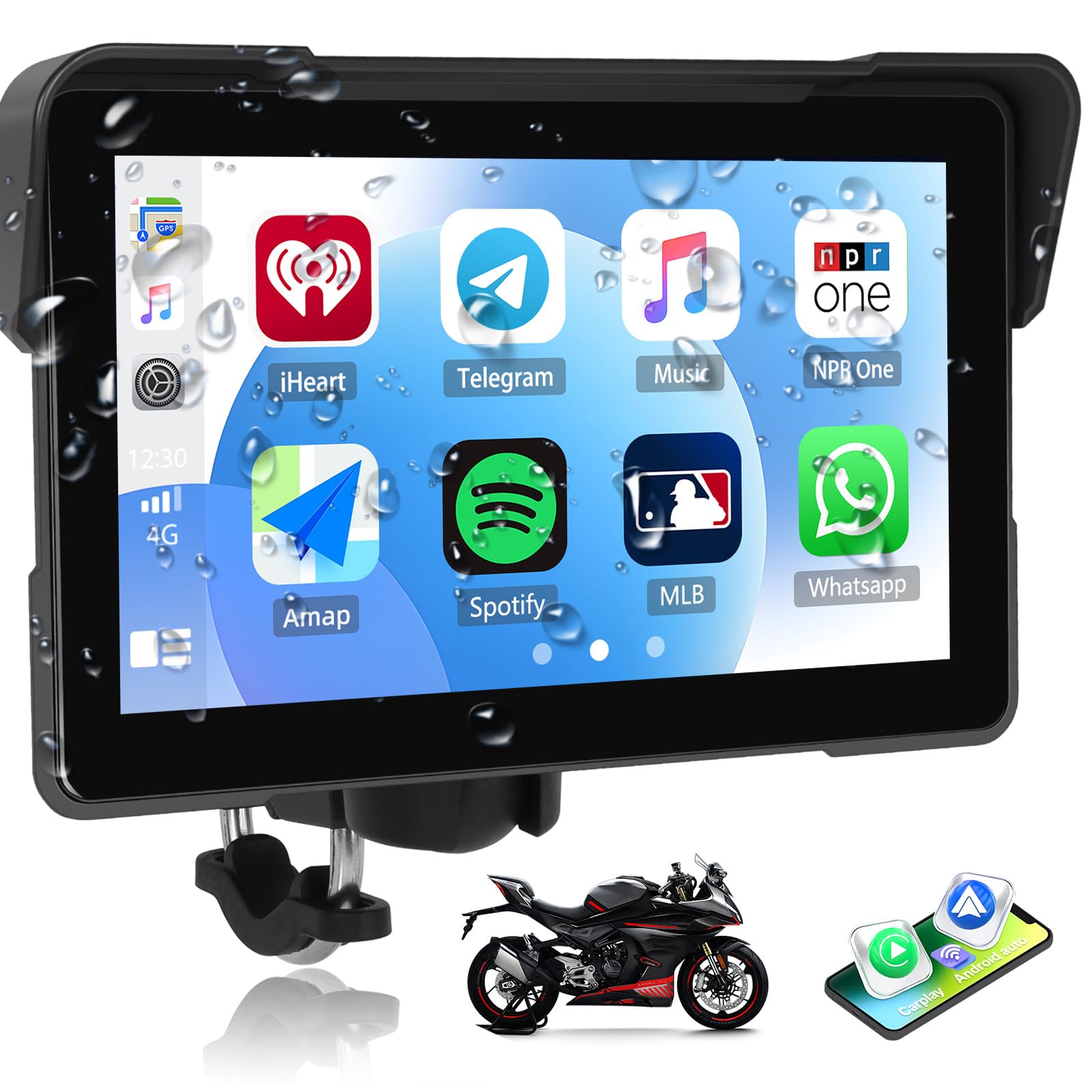 SIXWIN Pantalla Carplay Moto con inalámbrico Carplay Android Auto, 7 Pulgadas con IPx7 Impermeable Táctil Pantalla, Bluetooth, Navegación GPS, Siri y Asistente de G00gle