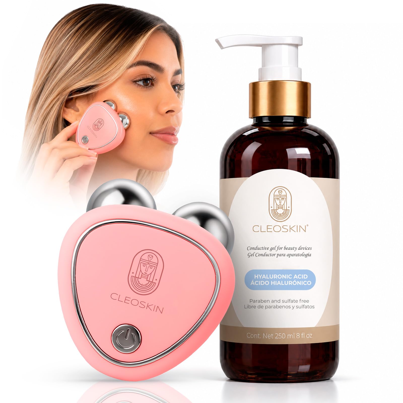 CLEOSKIN Kit Masajeador Facial de Microcorriente EMS con Gel Conductor de Ácido Hialurónico 250ml Tonificador Electroestimulador Reafirmante Efecto Lifting Antiarrugas