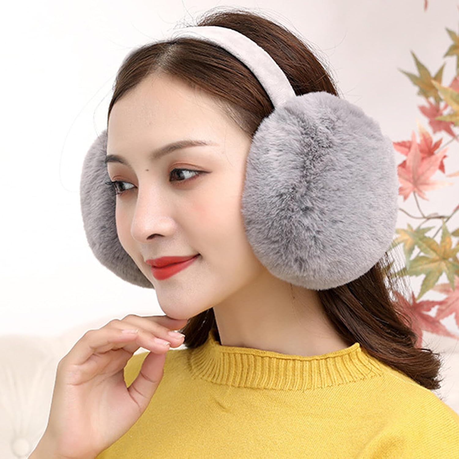 Winter Ear Muffs for Women and Men, Gray Plush Ear Warmers, Soft Fleece Lined Headband Earmuffs, Cold Weather Winter Accessory for Outdoor Use