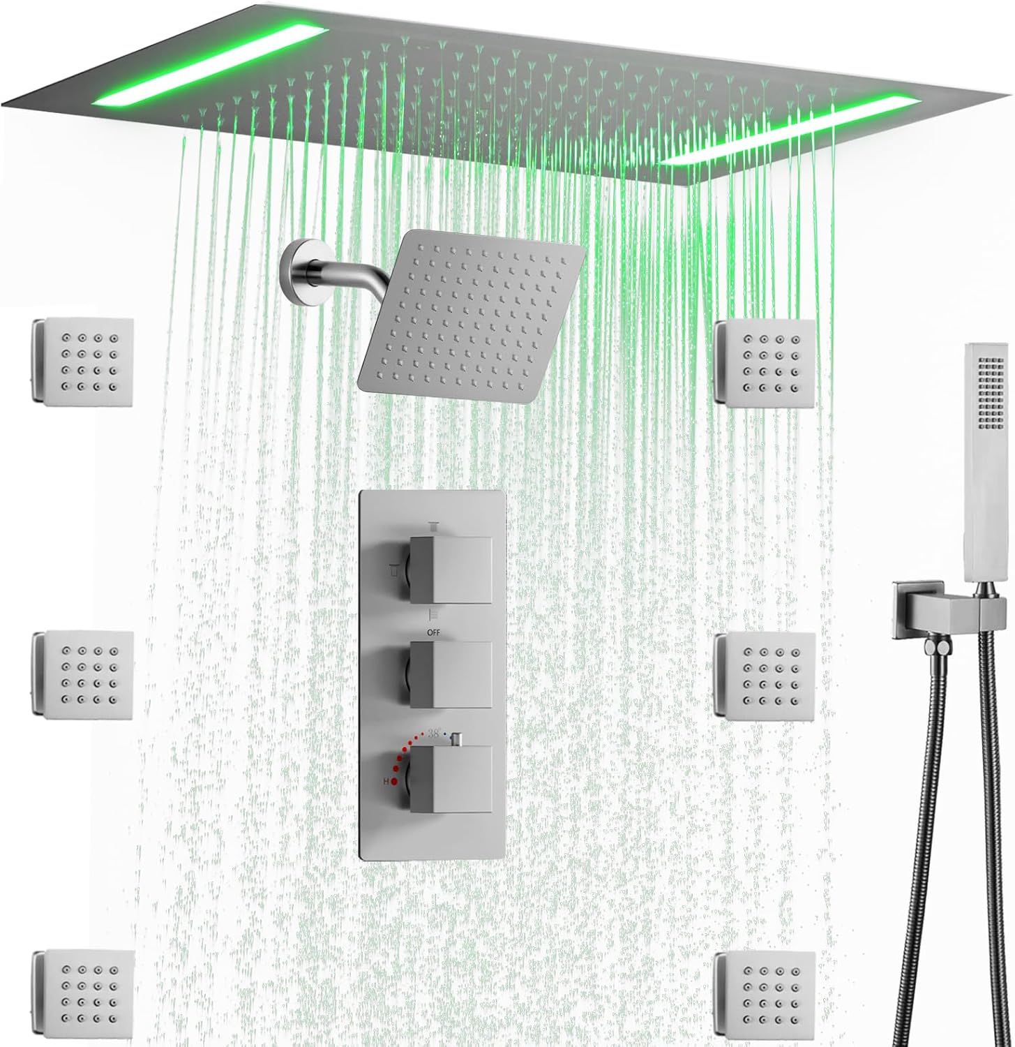 Thermostatic Full Body Smart Shower System, 14X20 Inch LED Ceiling Rain Shower Head and 8 Inch Wall Head Luxury Shower Trim Kit (Brushed Nickel)