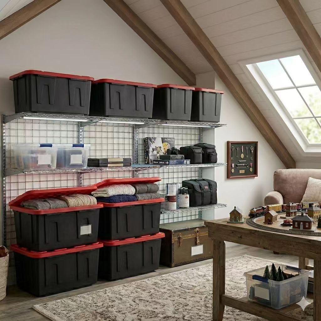 6 Pack 27 Gallon Storage Bins with Lids - Large Stackable Durable Plastic Totes for Home, Garage & Basement Organization - Heavy Duty Storage Solutions (Black & Red)