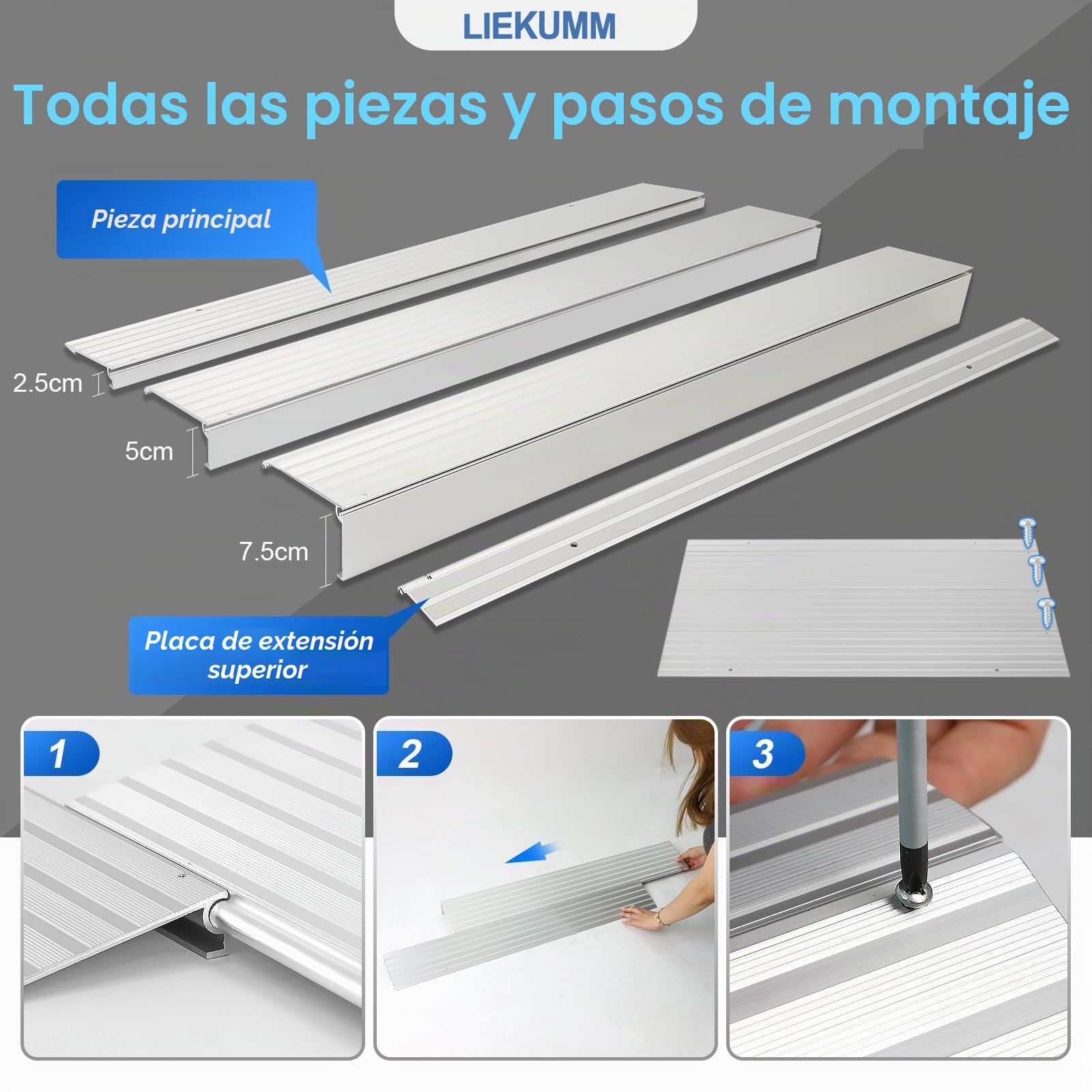 LIEKUMM Rampa de Umbral de Puerta de 7,5 cm, Pampa para Silla de Ruedas Manuales, Rampa Modular Ajustable, Rampas de Aluminio Antideslizantes para Bordillos Entrada, Capacidad 360 kg