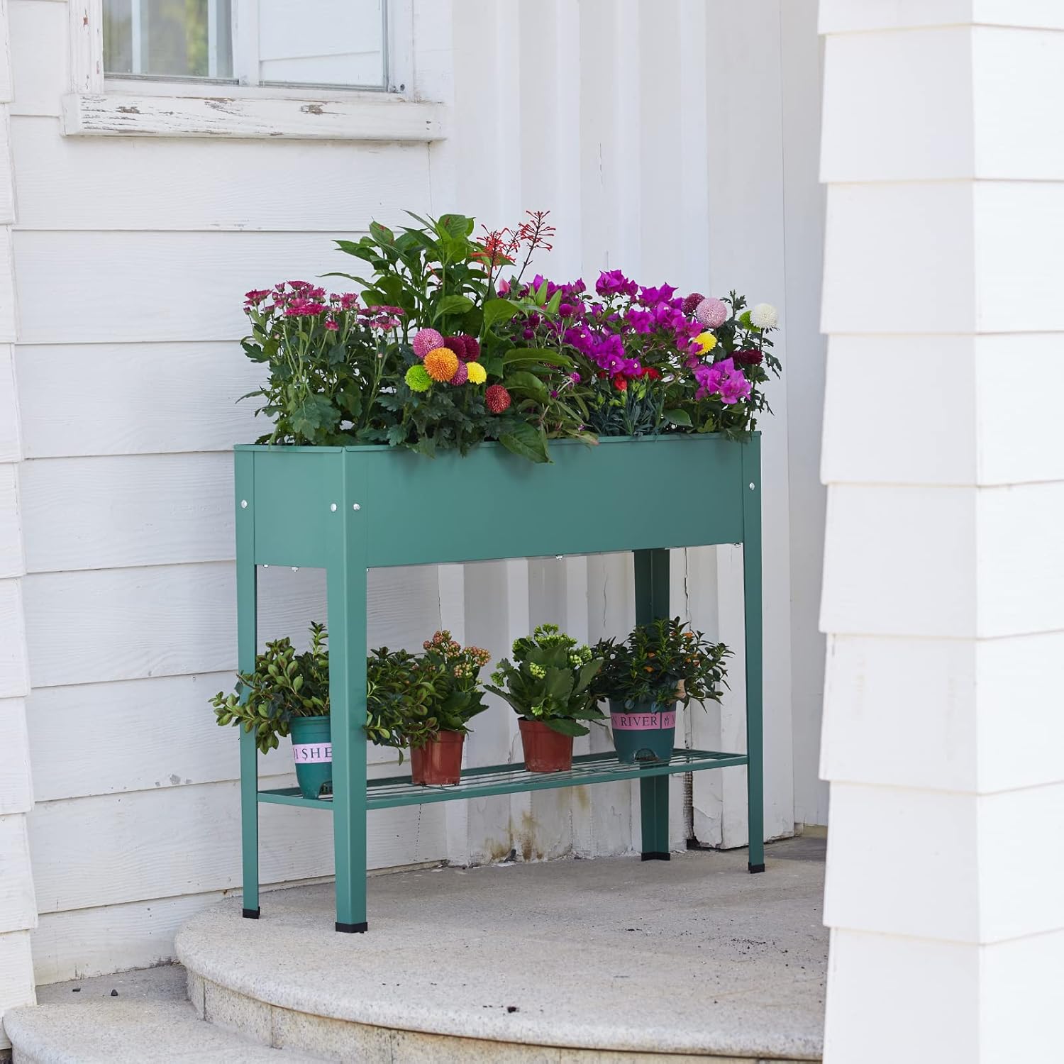 Raised Garden Bed, Elevated Green Metal Plant Box with Legs, Standing Garden Stand with Drainage Holes (40" L x 11" W x 31" H)