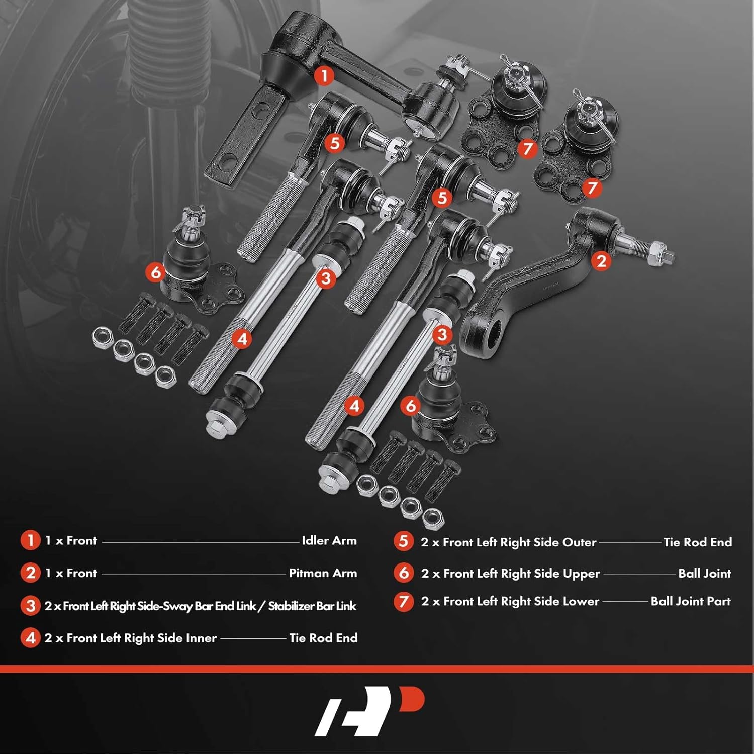 A-Premium Set of 12, Front Inner & Outer Tie Rod End, Upper & Lower Ball Joint, Sway Bar Link, Compatible with Dodge Ram 1500 2000-2001, RWD Only
