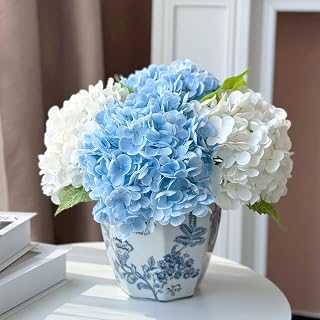 YalzoneMet Hydrangea Artificial Flowers 4 Pcs 2 White 2 Light Blue 21 inch Long Rod Real Touch Lifelike Fake Latex Hydrangea for Home Party Outdoor Wedding Gifts Christmas Decor Table Centerpiece