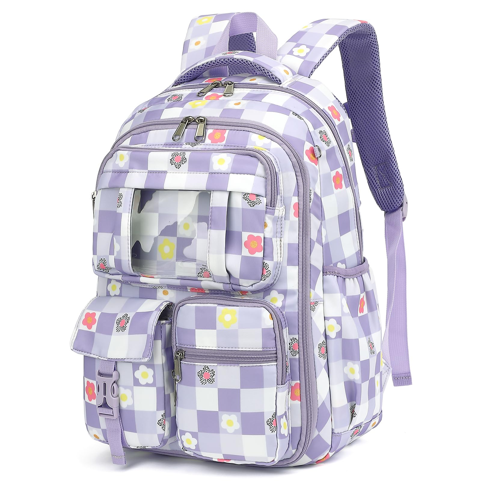 Flowers Checkered Purple School Backpack for Girls Kids Bookbag Elementary Middle High School Bags Women Laptop Back Pack