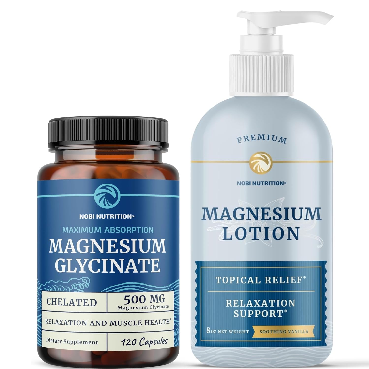 Magnesium Lotion and Magnesium Glycinate Supplement | Full Body Magnesium Support for Body and Mind with 8 Fl Oz Topical Magnesium Plus 500mg Magnesium Glycinate Pills