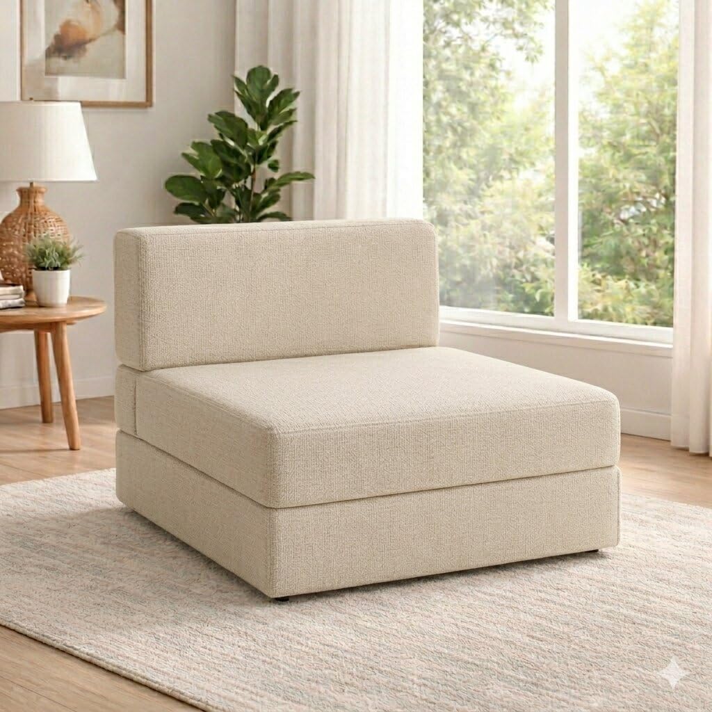 PUM PUM 2-Seater Sofa Cum Bed | Foldable EPE Foam Floor Couch with Jute Fabric & Washable Cover | Convertible Sofa Bed for Living Room, Guests & Small Spaces,Beige-image-43