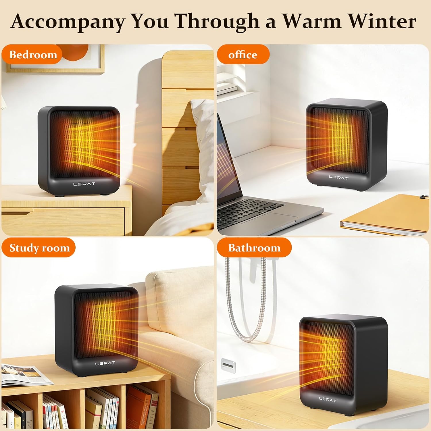 Lerat Space Heater, Portable Mini Heater for Indoor Use, 500W Fast Heating Small Desk Heater with Overheating & Tip-Over Protection, Lightweight Electric Heaters for Office, Home, Camping，Black