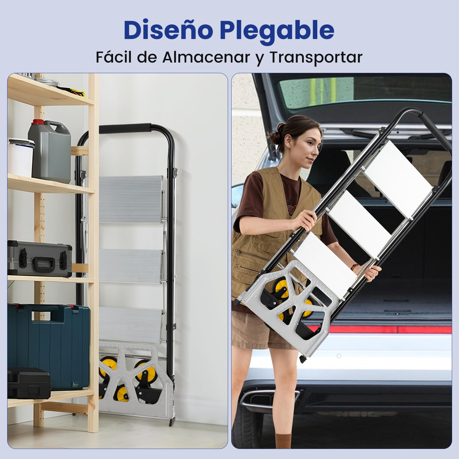 COSTWAY 2 en 1 Carretilla Plegable, Escaleras Plegables Aluminio de 3 Peldaños, Pedales Antideslizantes, Carretilla de Carga con Ruedas de Goma para Subir Escaleras, Carga 250kg