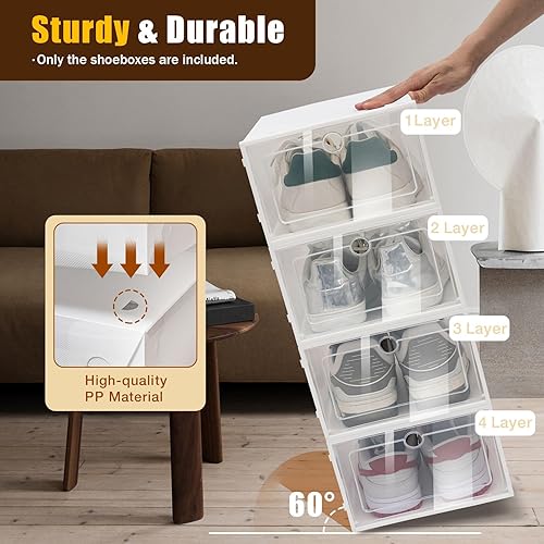 Miniatura 7 de LOYALHEARTDY 24 cajas de zapatos rectangulares de plástico blancas modernas con tapas, transparentes, apilables, plegables, inastillables,