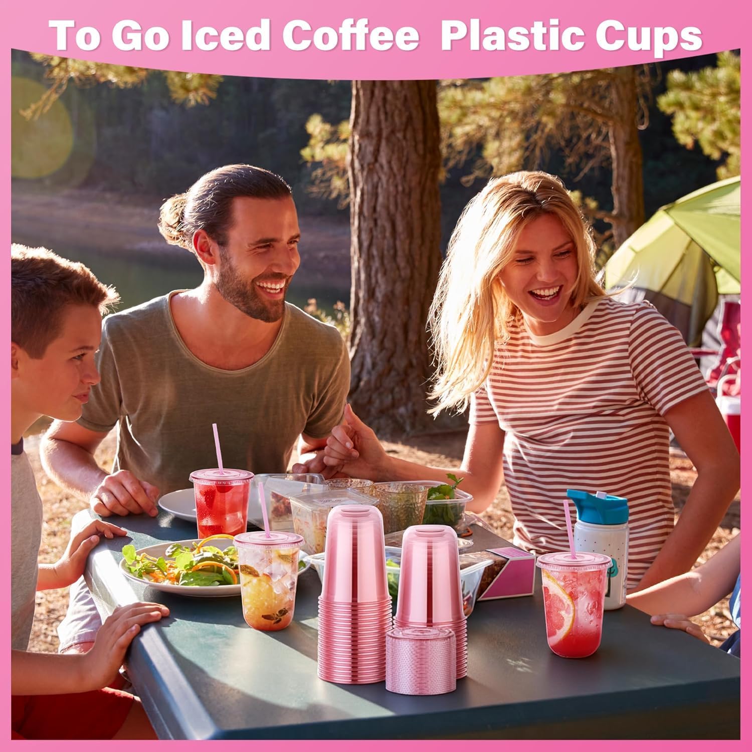 KesaPlan 100 Pack 16 oz Pink Plastic Party Cups with Lids and Straws, Disposable Iced Coffee Cup with Lids, Round Bottom Drinking Cups for Birthday Wedding Valentine's Galentine's Bachelorette Party