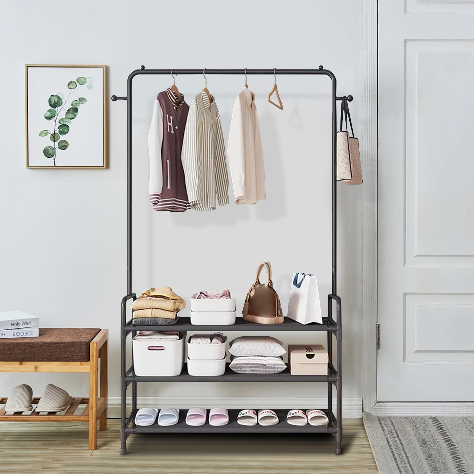 Ergocar Garderobenständer, Multi -Layer -Kleiderbügel Mit Großer Kapazität Mit Bodenlagerständer Und Kleiderbügel -Haken Metallstärke Multifunktional Schlafzimmer Kleiderbügel Tragbarer Kleiderbügel