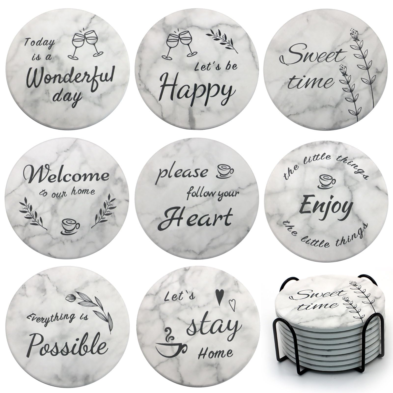 Ceramic Coasters Set of 8, Drink Coasters with Cork Base, Round Marble Style Absorbent Farmhouse Coaster with Holder and Sayings