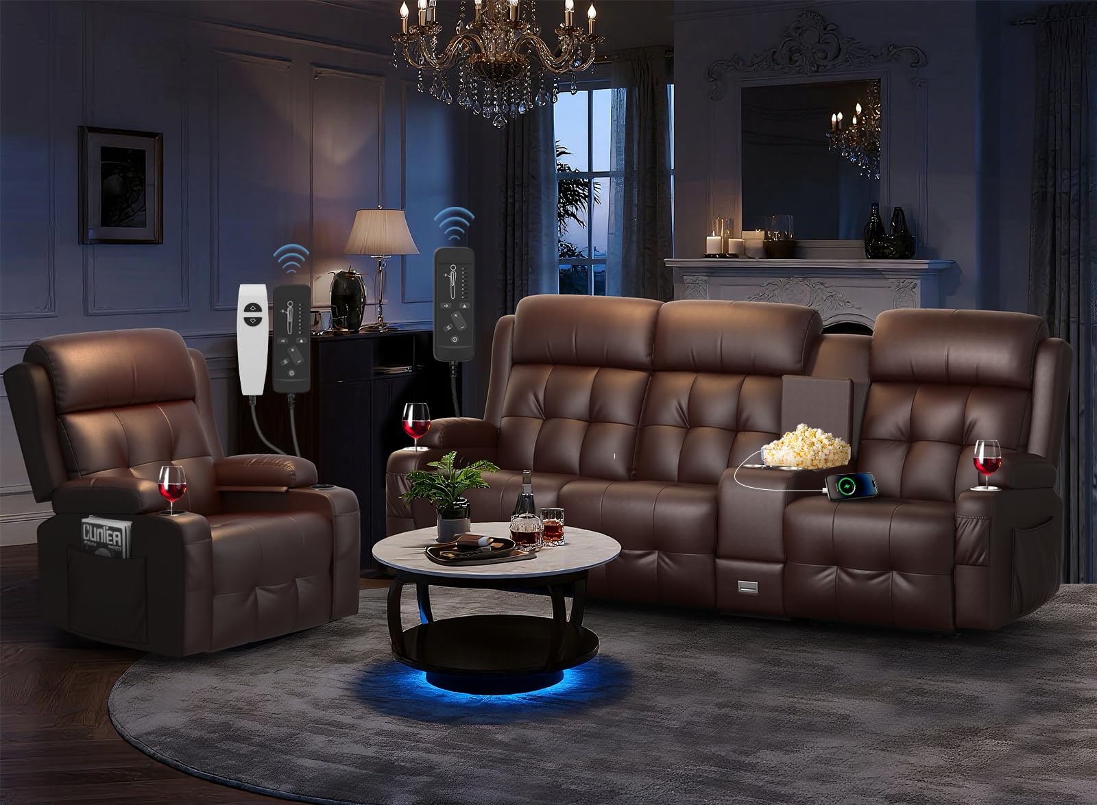 RV Loveseat Recliner Sofa Set, Home Theater Seating with Console &amp; Massage