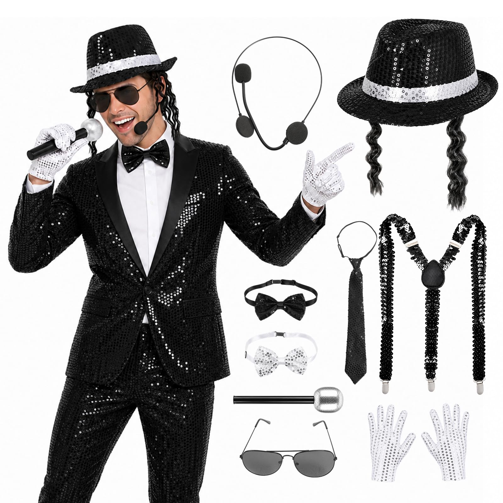 SINSEN Pop Star Costume Accessories for Adults Men 80s Dancer Rocker Star Disco King of Pop Fancy Dress Accessories with Jazz Sequin Hat Glove Tie Sunglasses for Halloween Cosplay Theme Party