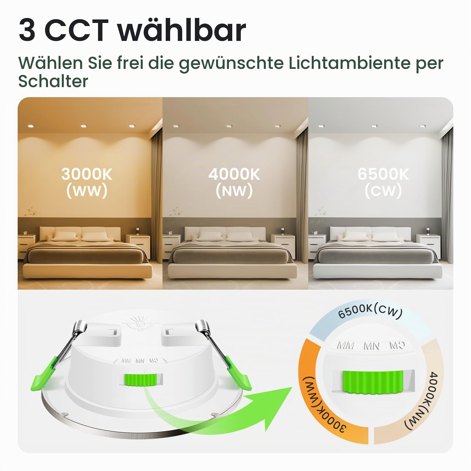 ALUSSO LIGHTING 12 Stück Einbaustrahler Led,5W 350 Lumen Led Einbaustrahler 230V Dimmbar,Deckenspots 3CCT 3000K 4000K 6500K Einstellbar Einbauleuchten,IP44 Deckenstrahler für Badezimmer,Küche,Nickel