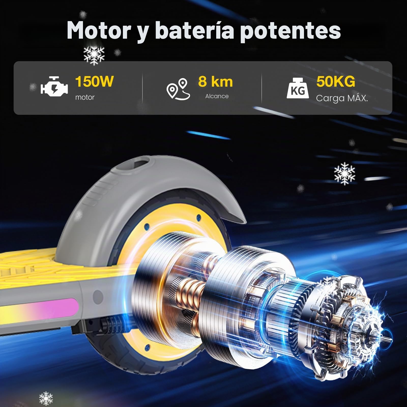 MEGA MOTION Patinete eléctrico para niños, 3 Modos de Velocidad, Motor de 150 W, Velocidad máxima de 16 km/h, Plegable, Manillar Ajustable, Ruedas de 15 cm y luz Lateral LED