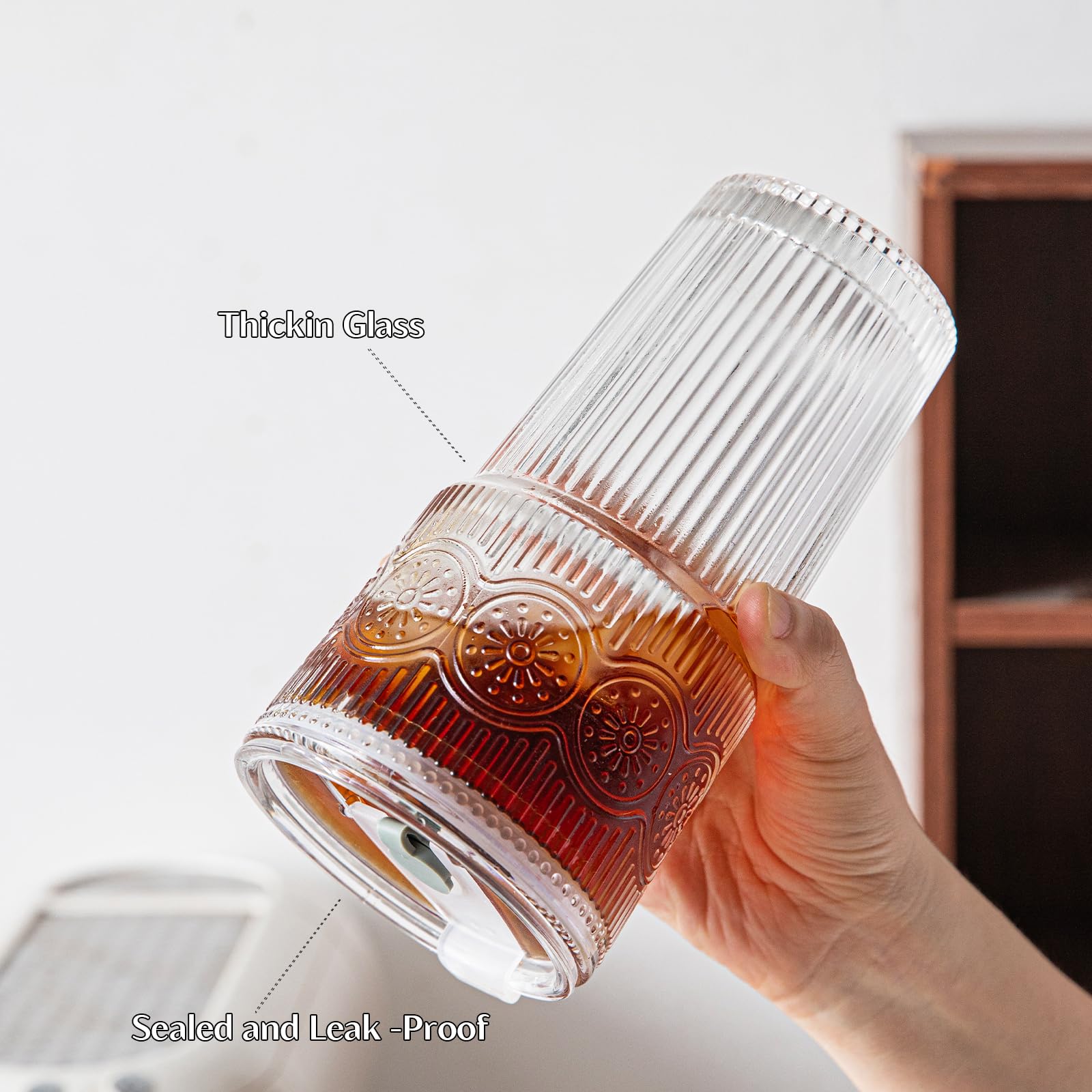 INSETLAN 600ml Floral Iced Coffee Cup, 2 Pack Leakproof Glass Tumbler with Lids and Straws - Image 3