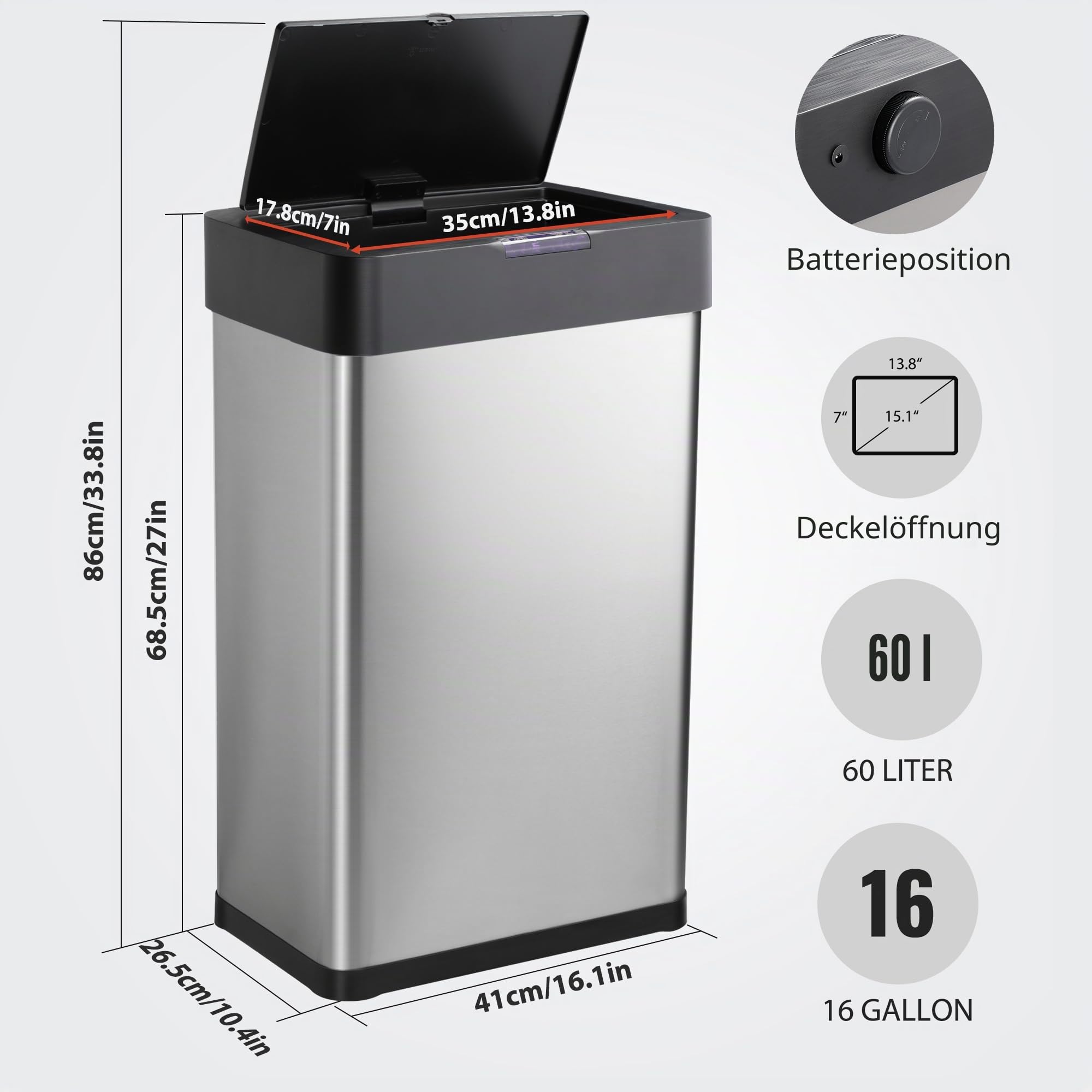 Rengue Automatischer Mülleimer, 50L Berührungsloser Bewegungssensor Abfalleimer Edelstahl Mülleimer mit Deckel für Küche, Schlafzimmer, Home Office