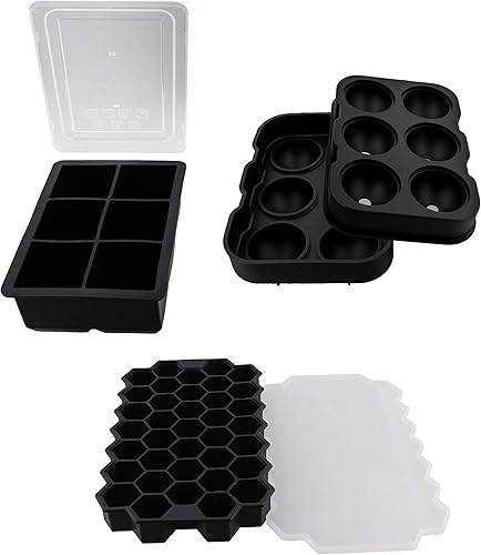 Miniatura 3 de 7Penn Molde de silicona para cubitos de hielo, negro, paquete de 3 – Juego de bandejas de goma para cubitos de hielo flexibles, esferas, hexágonos