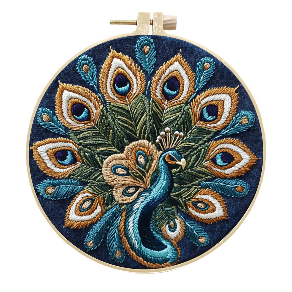 Meecaa Embroidery Kit Starter Set, Peacock Animal Flower Hand Embroidery Set, Pattern Printed Cross Stitch Set for Beginner Adults, with Embroidery Hoop and Instructions (Peacock 1)