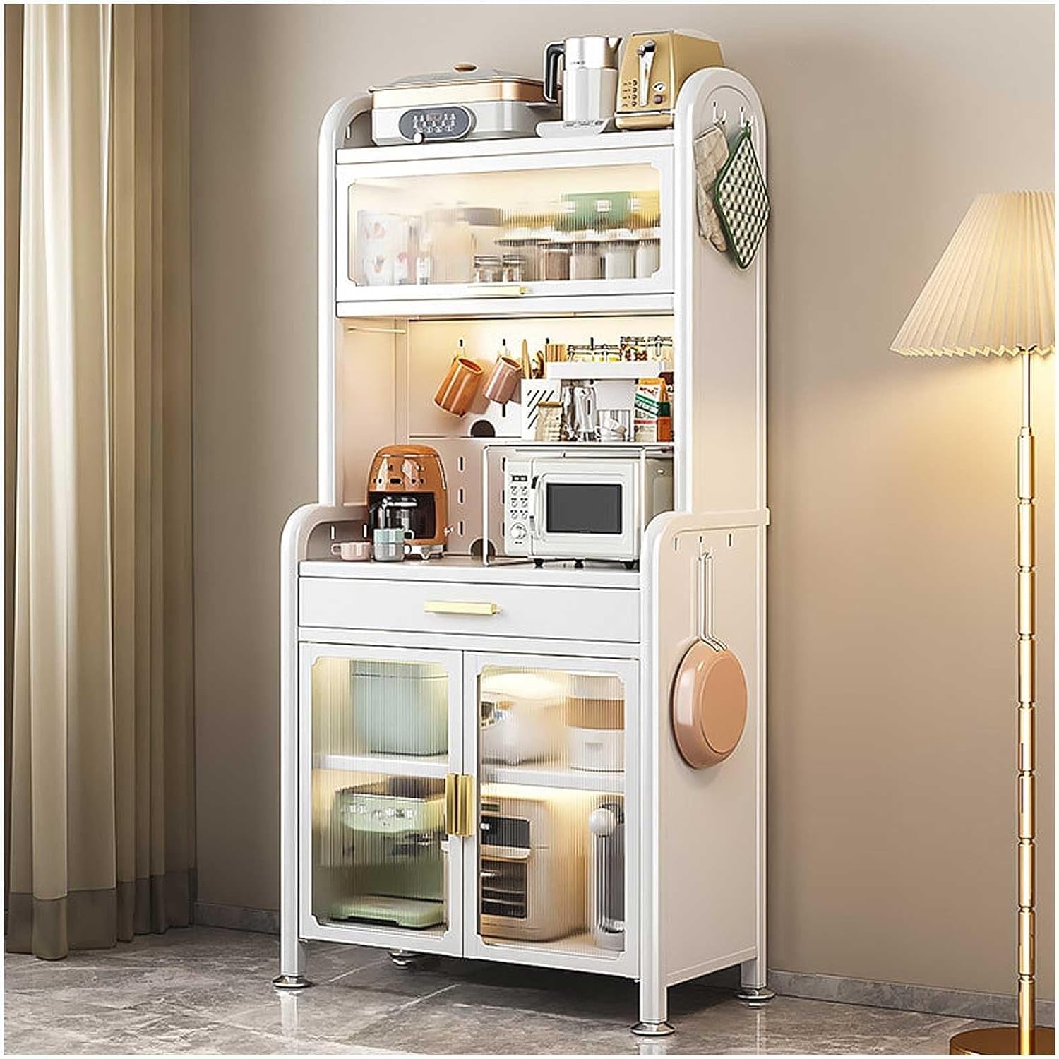 Mobiletto portaoggetti per microonde a 5 Ripiani con cassetto e ripiano Regolabile, Cucina Nizer, Bianco, 70x23,6 Pollici