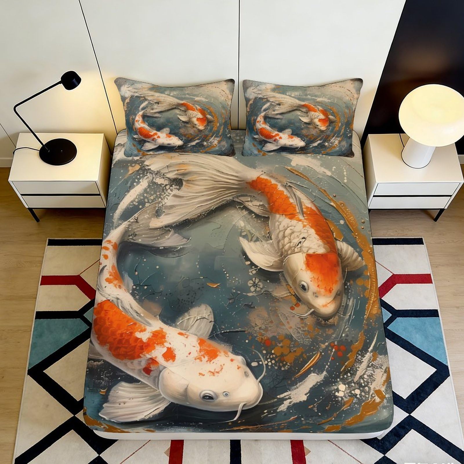 Uynsixtme Style-8 3D Printed Koi Pattern Fitted Sheet Microfiber Deep Pocket Non-Slip Bedroom Bedding Koi Mattress Fitted Cover For Adults 200X200x25cm