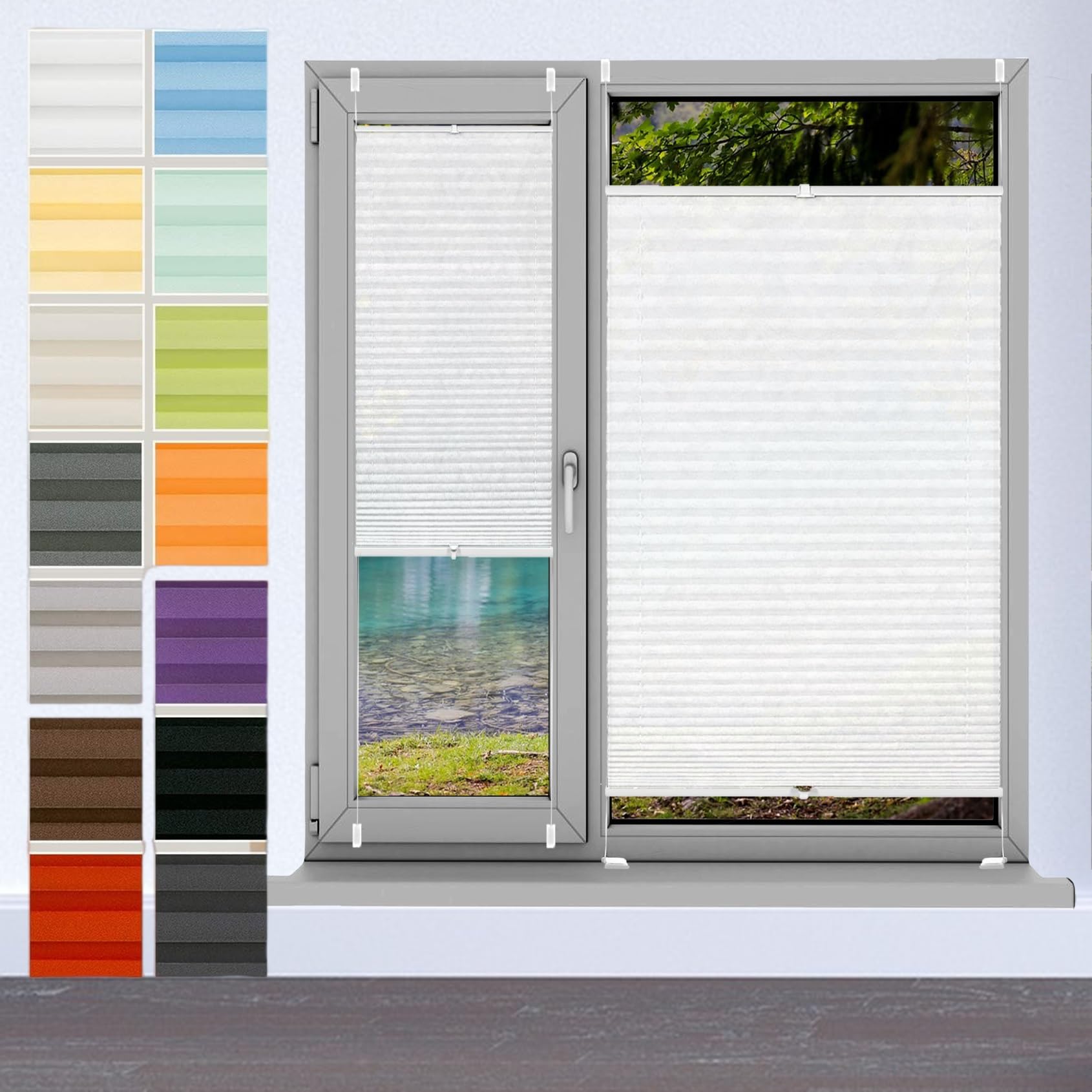 Jalousien Fenster Raffrollo, Fenster Plissee 26 x 60 cm, Plissee Ohne Bohren Nach Maß, Doppelplissee Plissee Faltrollo, Plissee Sonnenschutz Fenster, für Fenster & Tür, Weiß
