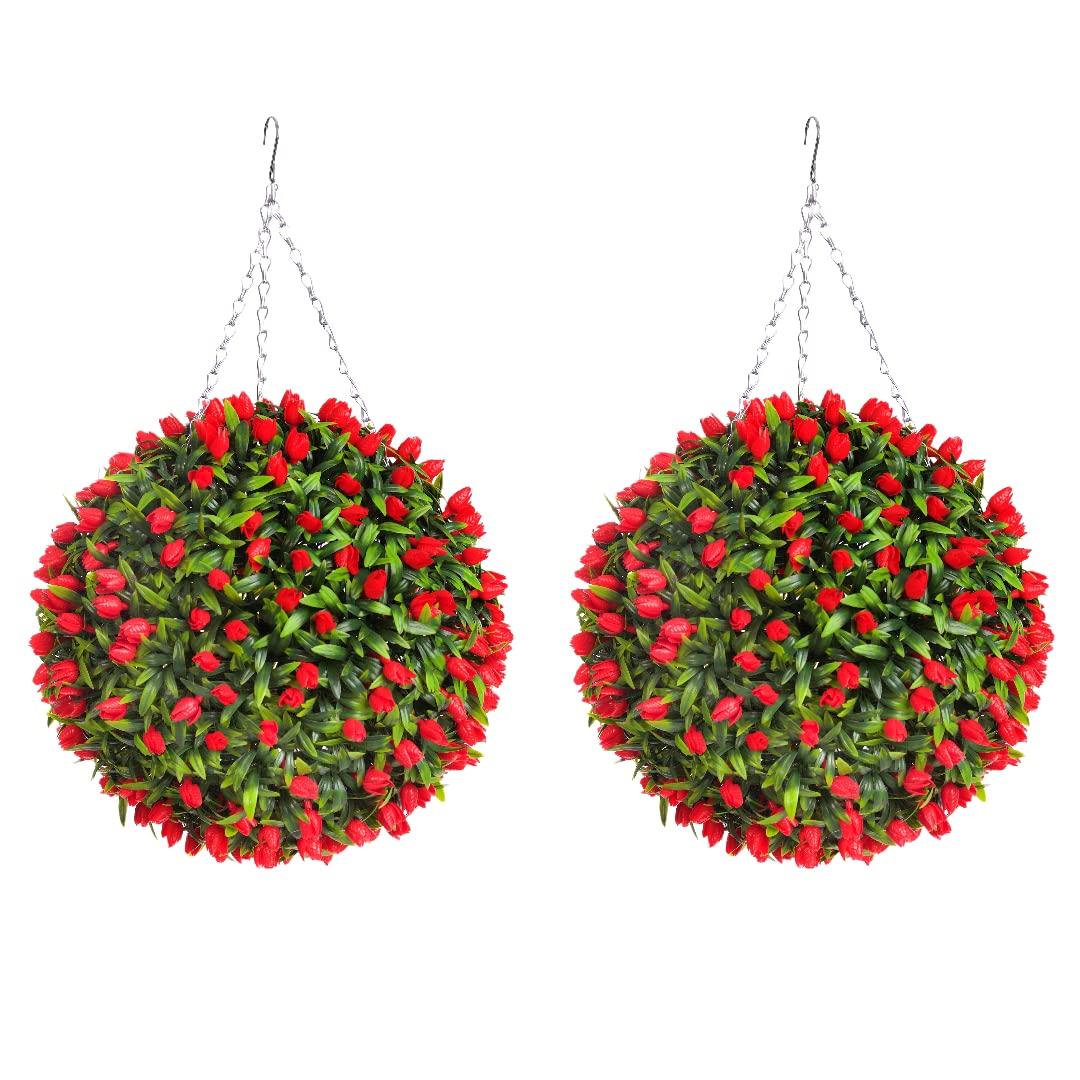 Best Artificial Red Pair Of Tulip Flower Balls Lush Long Leaf Topiary Grass (38Cm, )