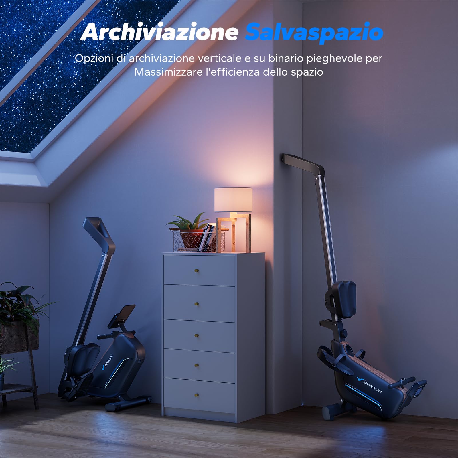 MERACH Vogatore pieghevole per casa con luce LED, regolazione intelligente resistenza 16 livelli, potente elettromagnete, guide 130 cm