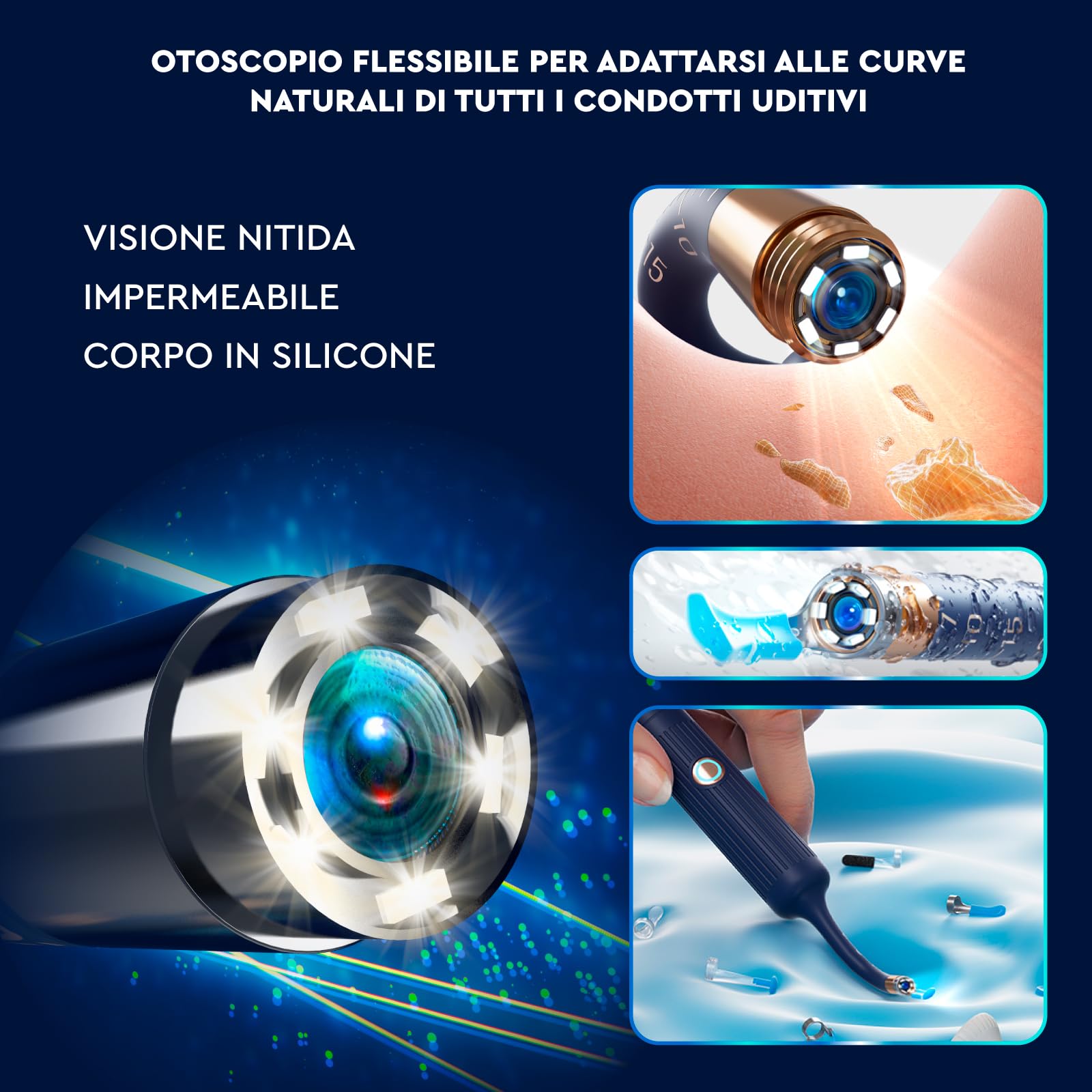Otoscopio Pulizia Orecchie Multifunzione UdiGuard Pro-Clean - Versatile e Ideale per Pulizia e Rimozione del Cerume - Flessibile Impermeabile Digitale con Corpo in Silicone e Telecamera HD
