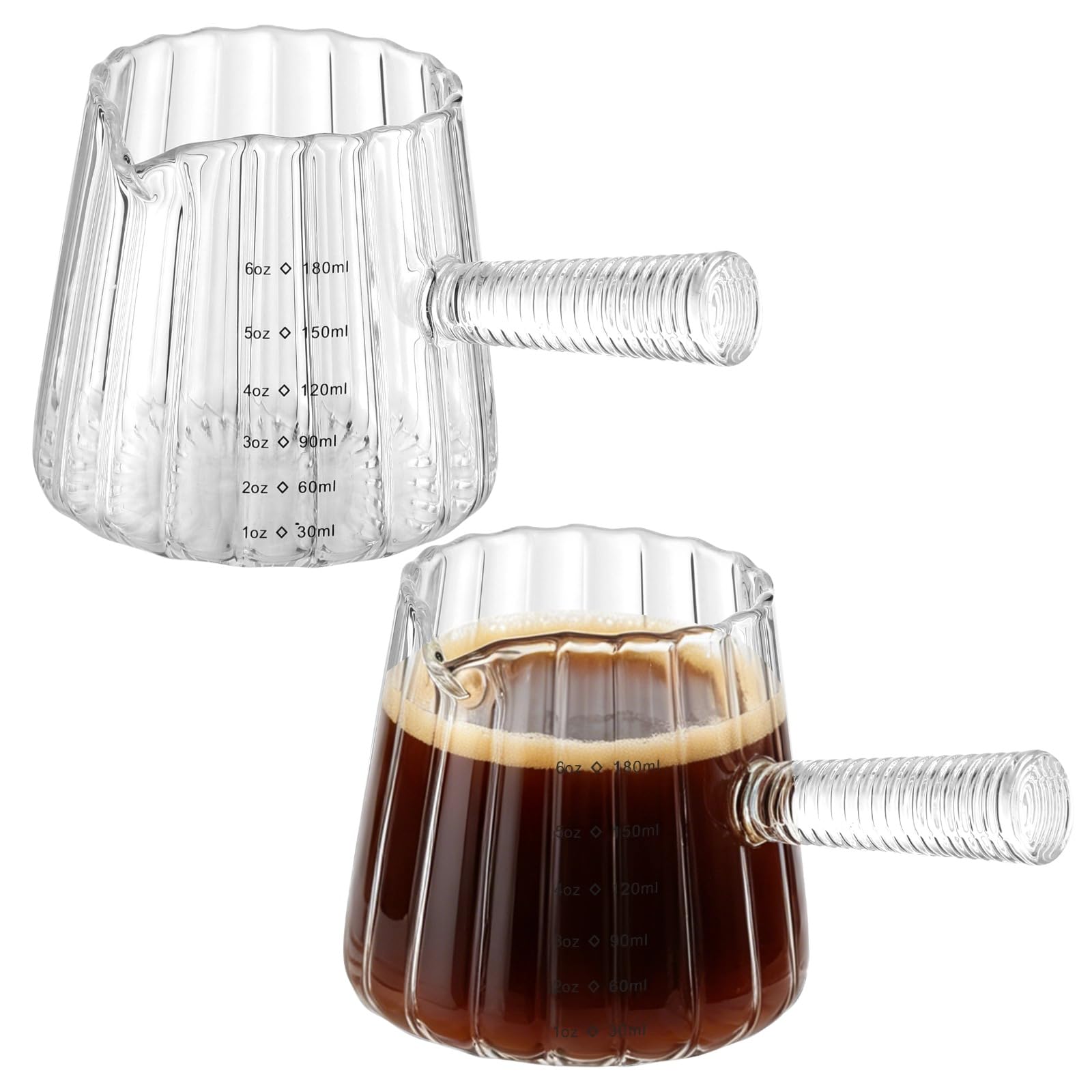 2 Stk. Messbecher aus Borosilikatglas, 6 oz Espresso-Shot-Gläser mit Glasgriff, V-Ausgießer und deutlicher Skala, hitze- und kältebeständig für Kaffee, Milch, Sahne, Sauce, Barista-Werkzeug
