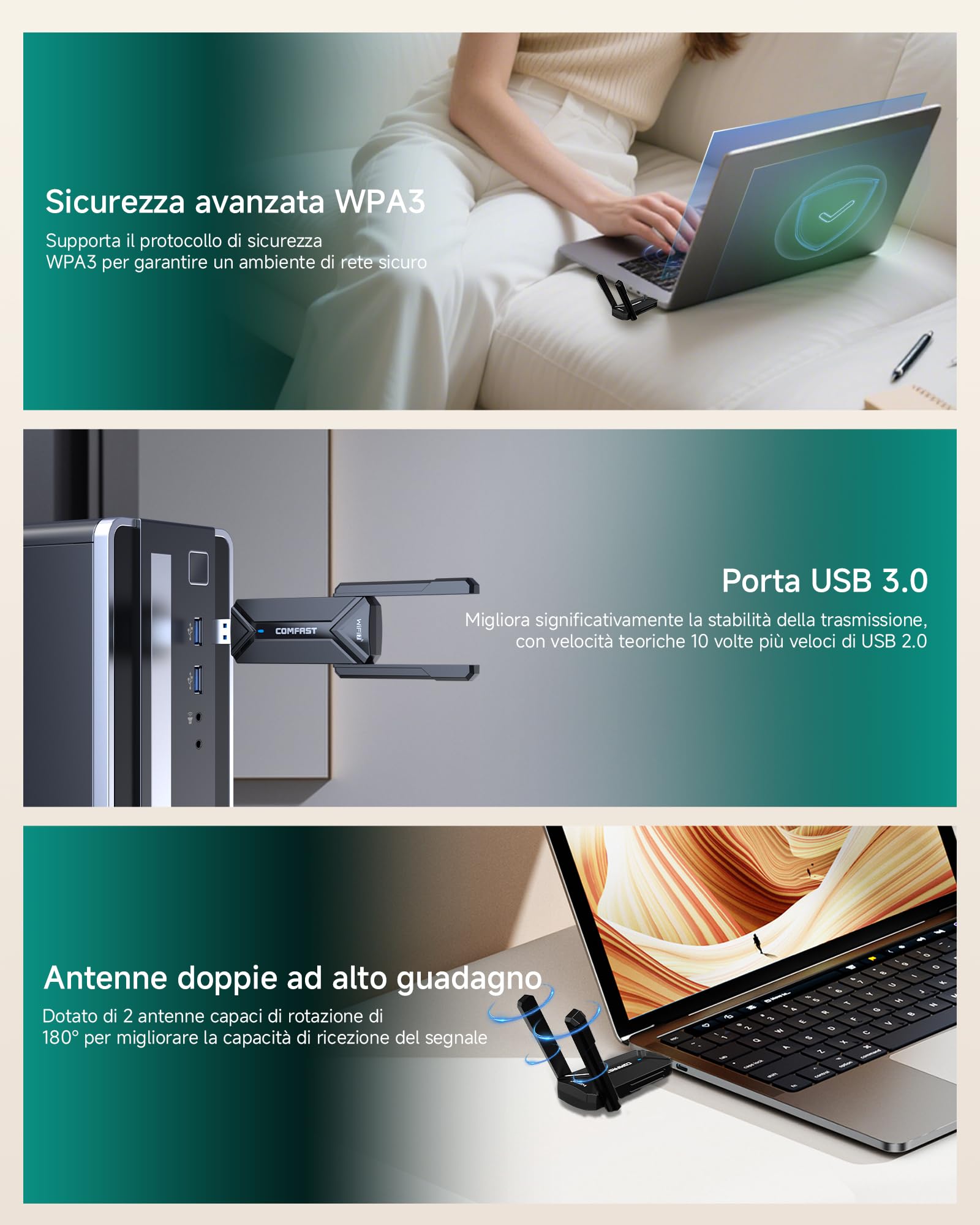 COMFAST Adattatore USB Wireless WiFi7 e Chiavetta WiFi 6500Mbps Tri-Band con Doppia Antenna, OFDMA & MU-MIMO, WPA3, Adattatore USB per WiFi Compatibile con Windows 10/11, Senza Driver Necessari
